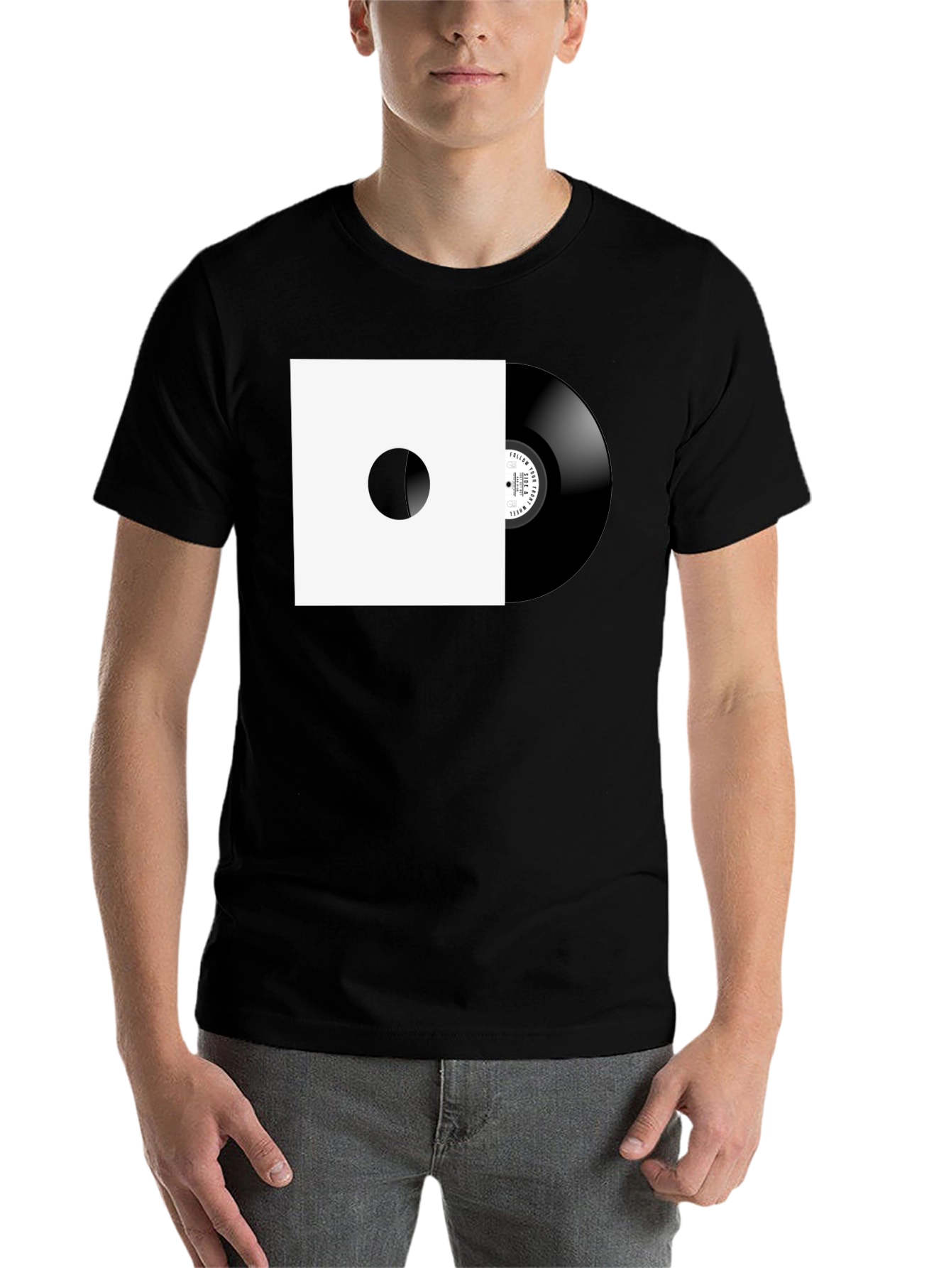 Black Retro Vinyl Record Graphic Tee - Black Cotton view 7