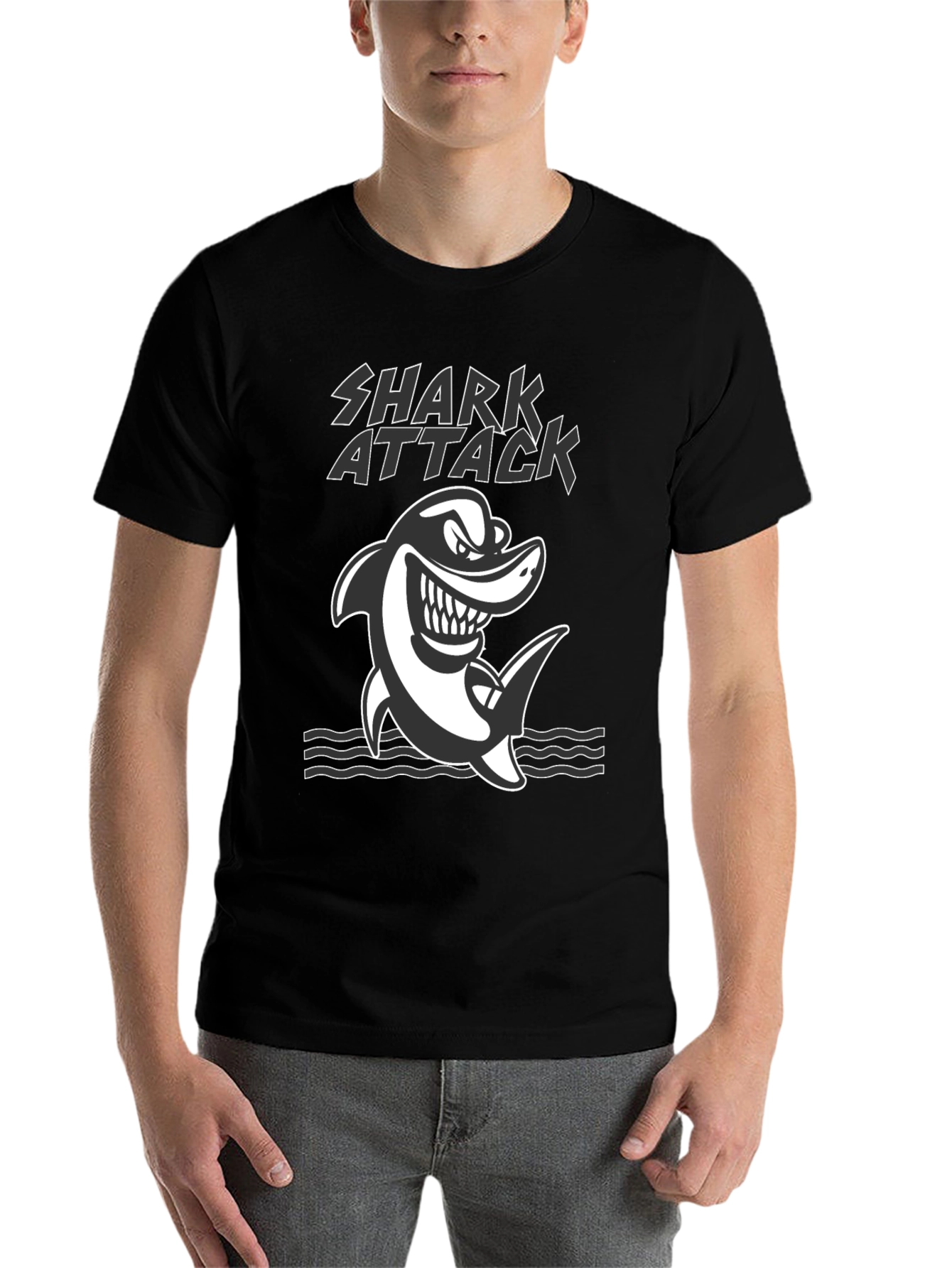 Black Shark Attack Graphic Tee - Black Cotton T-Shirt view 7