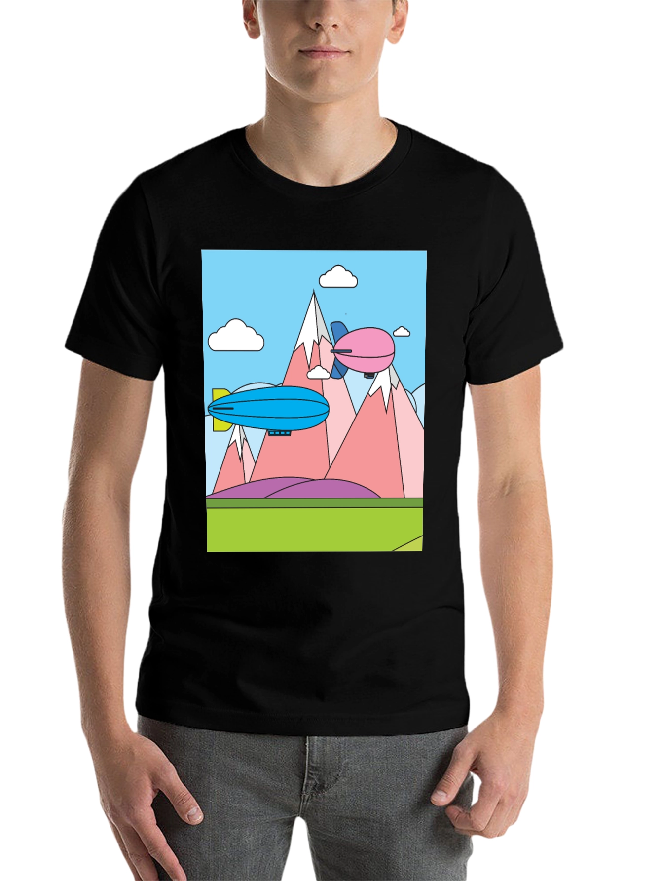 Black Cartoon Landscape Dirigible Graphic Tee view 7