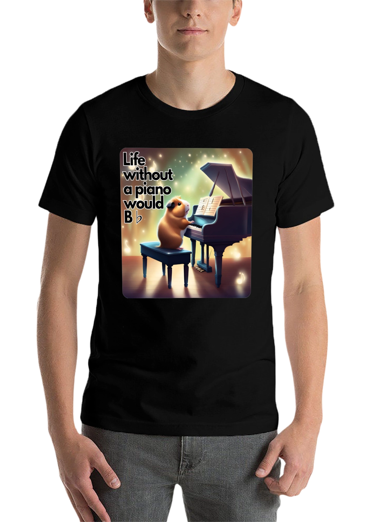 Black Piano Playing Guinea Pig Graphic Tee - Musical Humor view 7