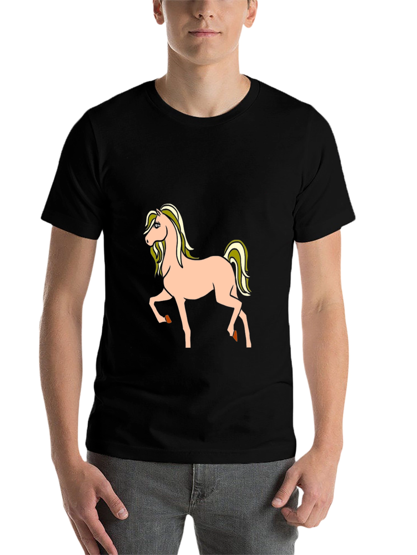 Black Black T-Shirt with Cartoon Horse Graphic view 7