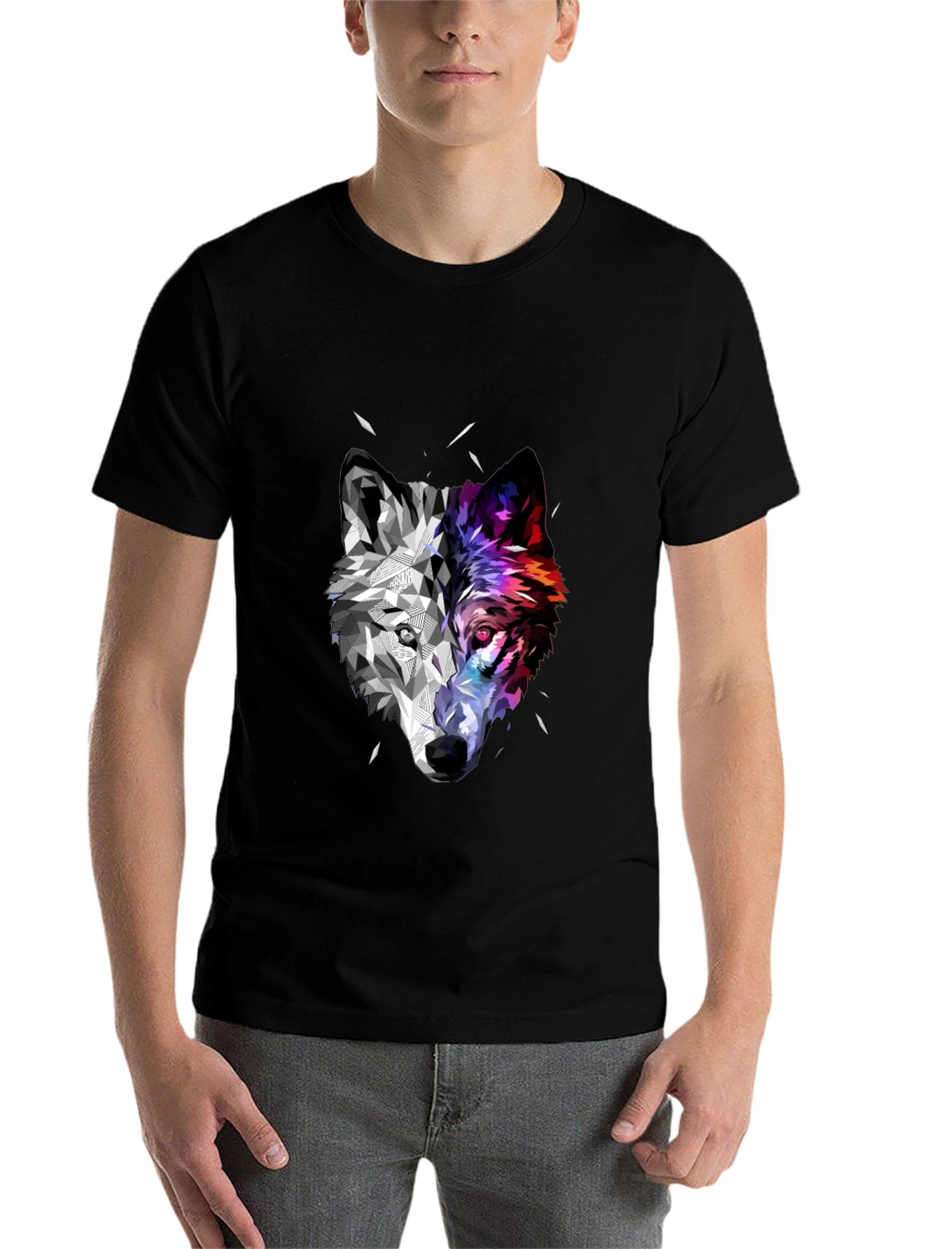 Black Geometric Wolf Head Graphic Black T-Shirt view 7
