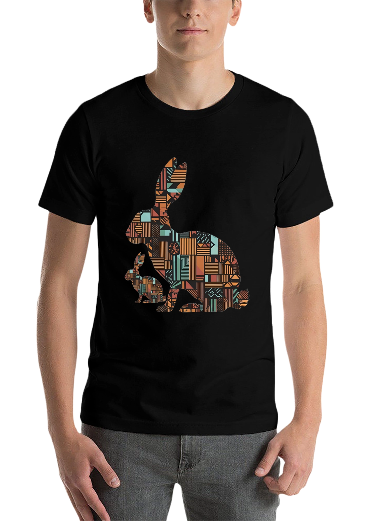 Black Geometric Rabbit Print Black T-Shirt view 7