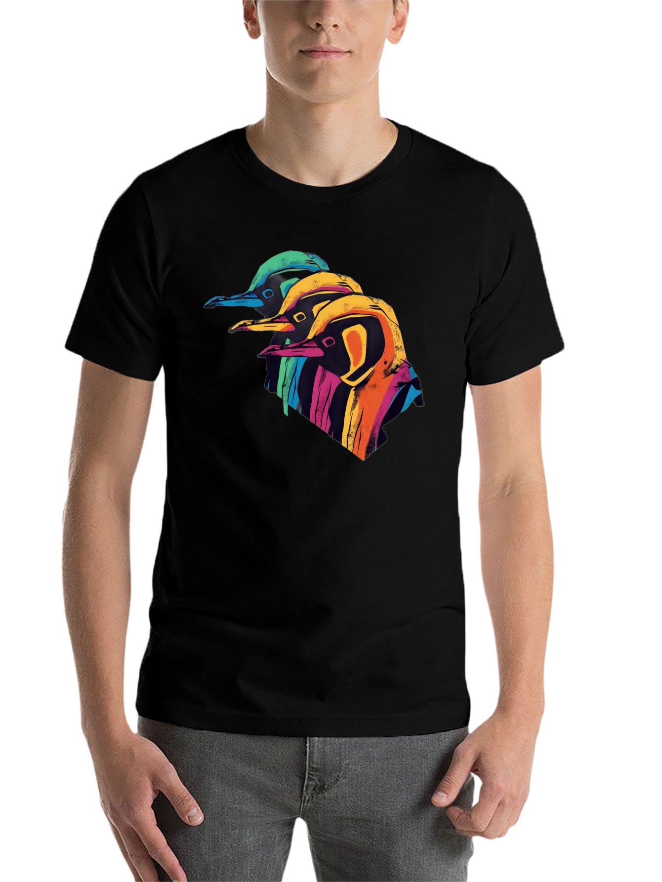 Black Colorful Penguin Graphic Black T-Shirt view 7