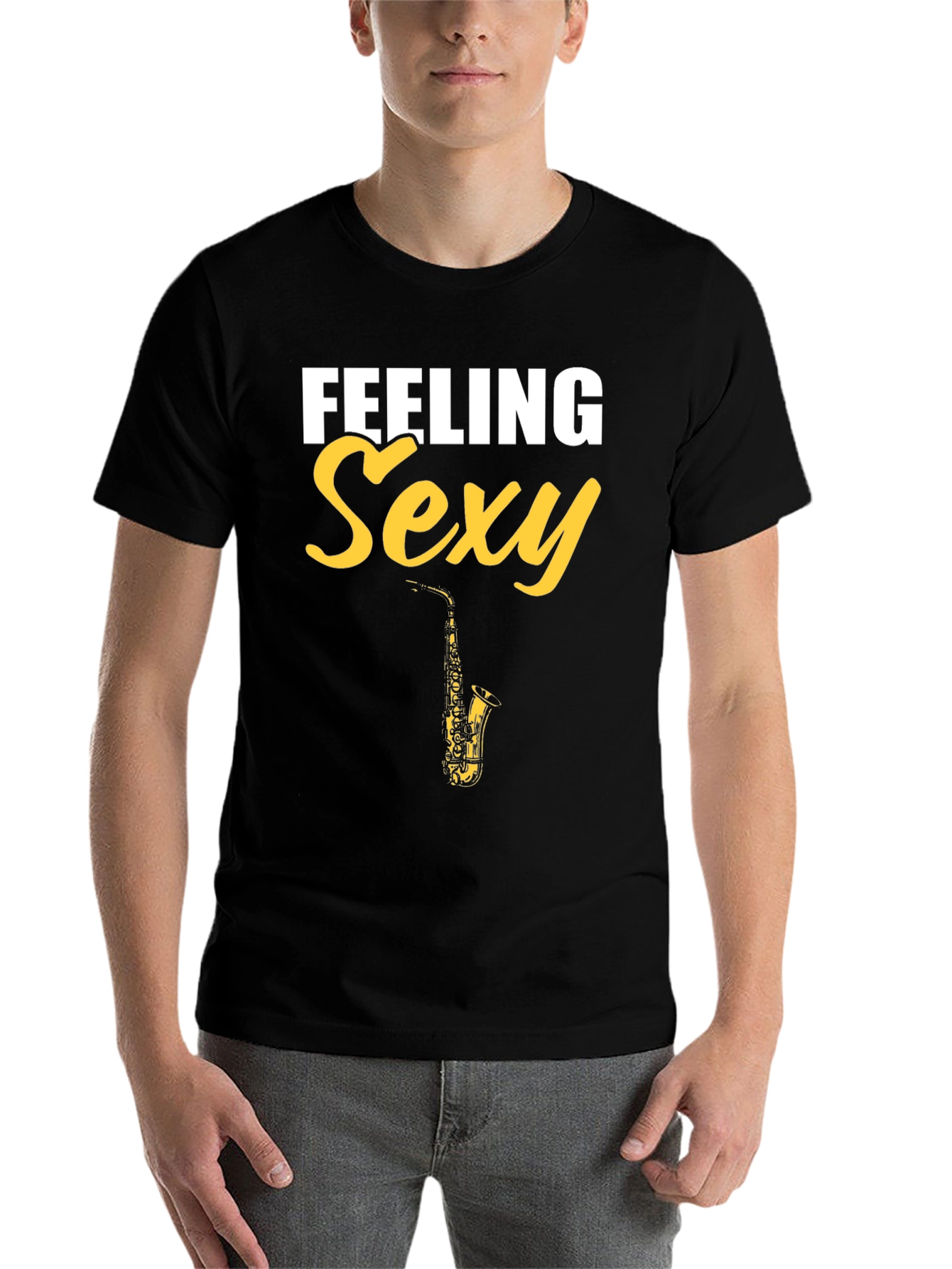 Black Feeling Sexy Saxophone Men's Black Graphic Tee view 7