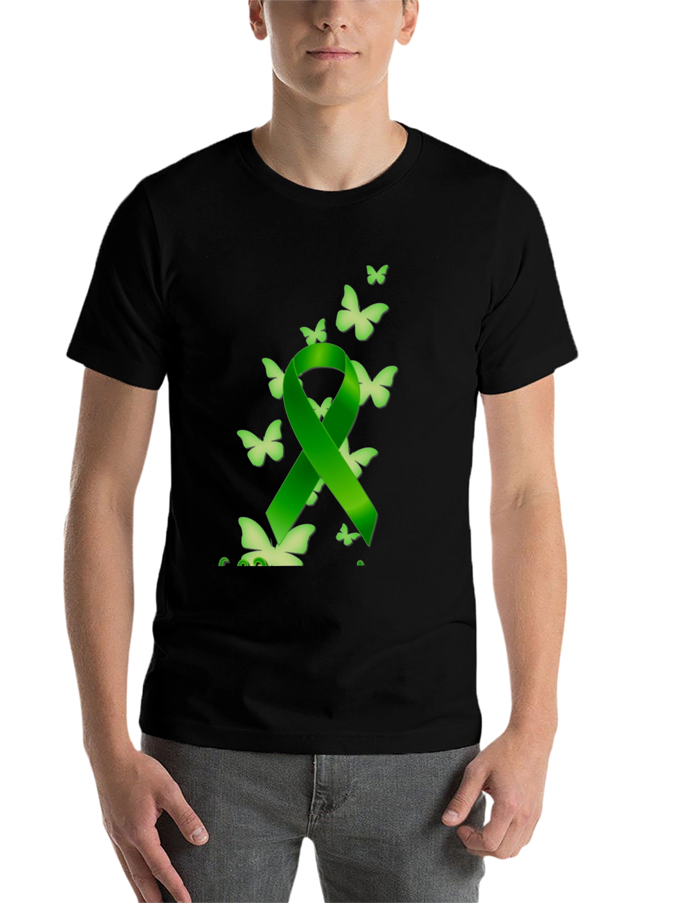 Black Green Ribbon Butterfly Black T-Shirt view 7