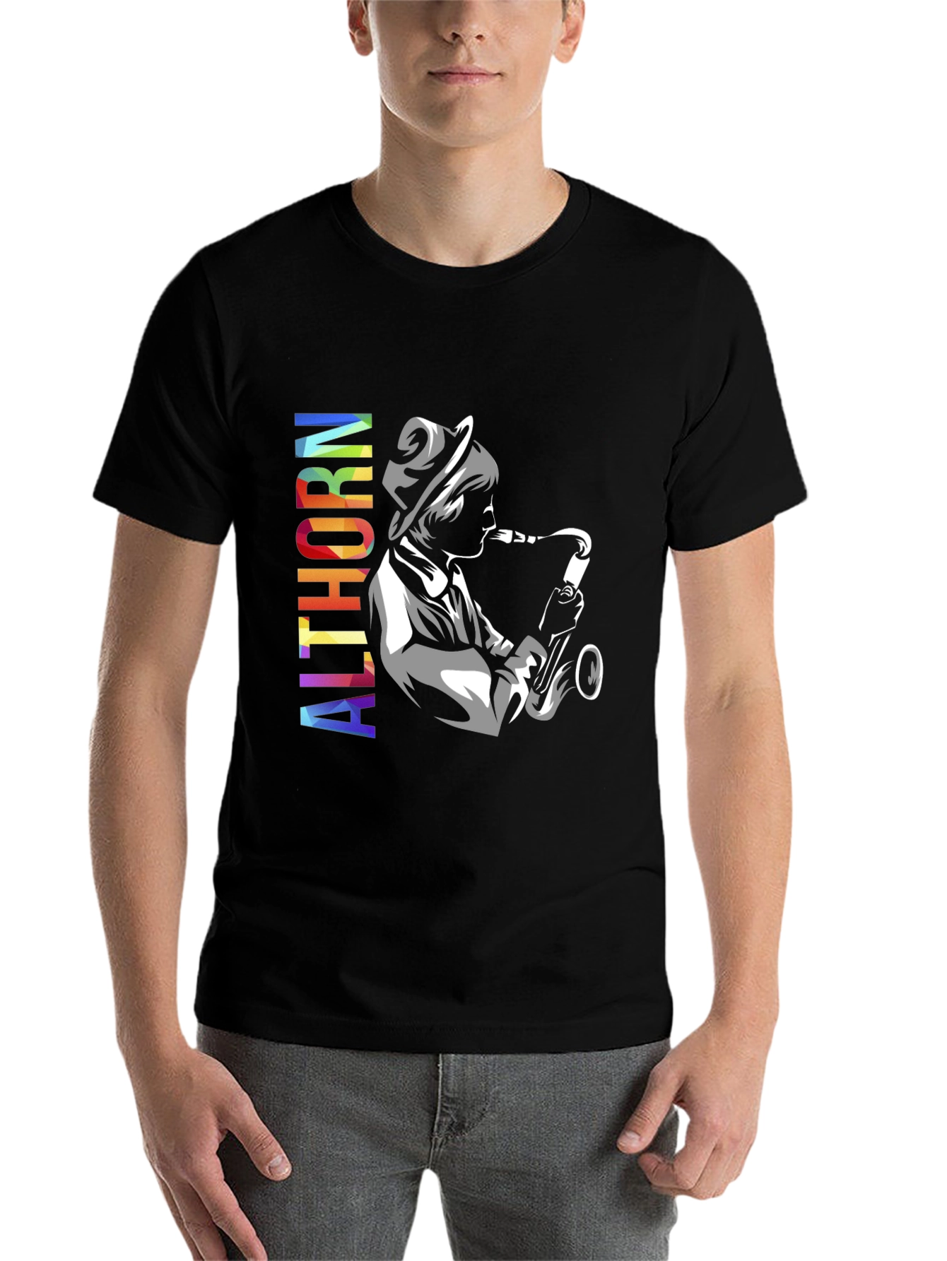 Black Althorn Saxophone Player Graphic T-Shirt view 7