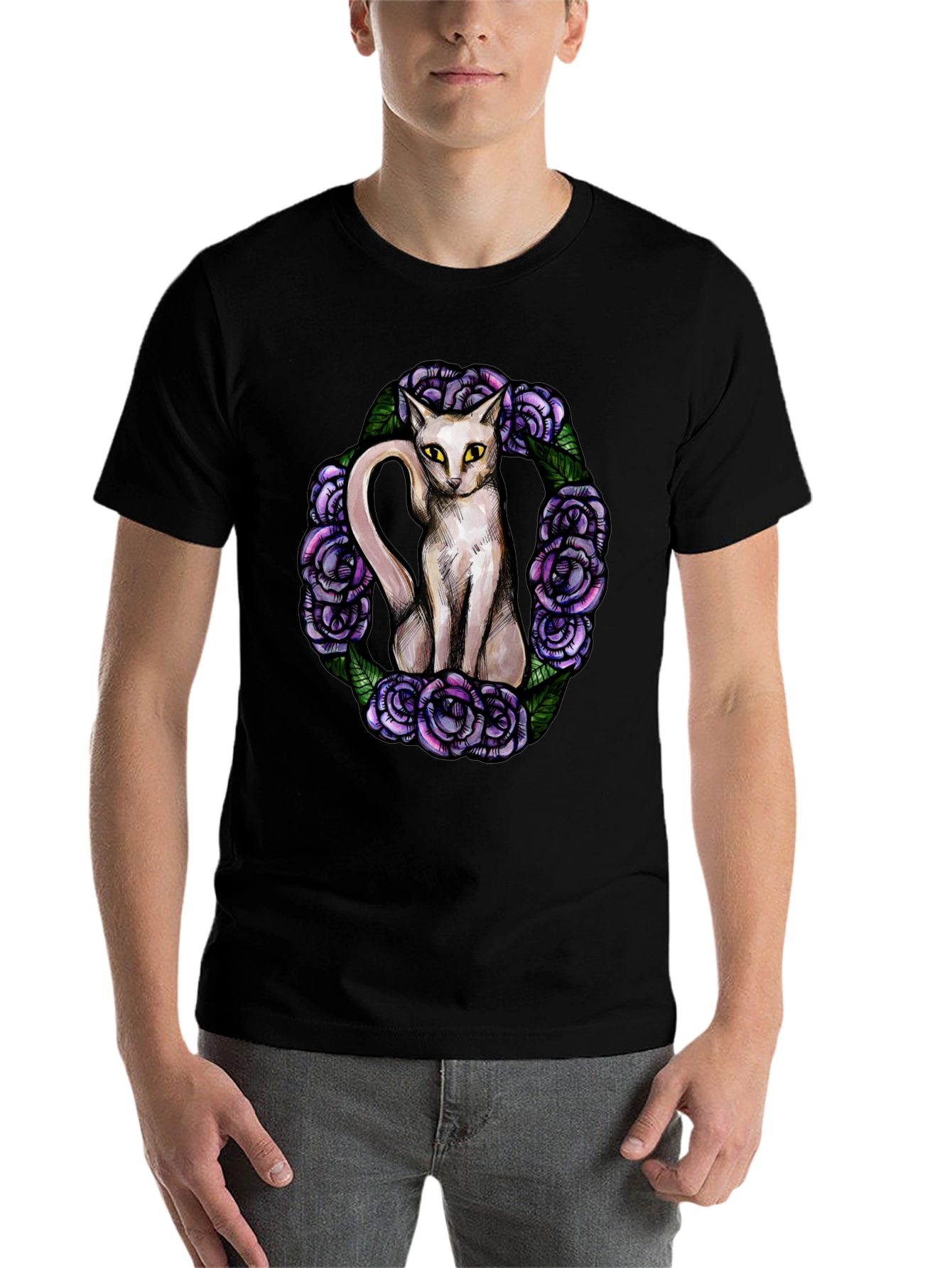 Black Cat & Rose Wreath Graphic T-Shirt view 7