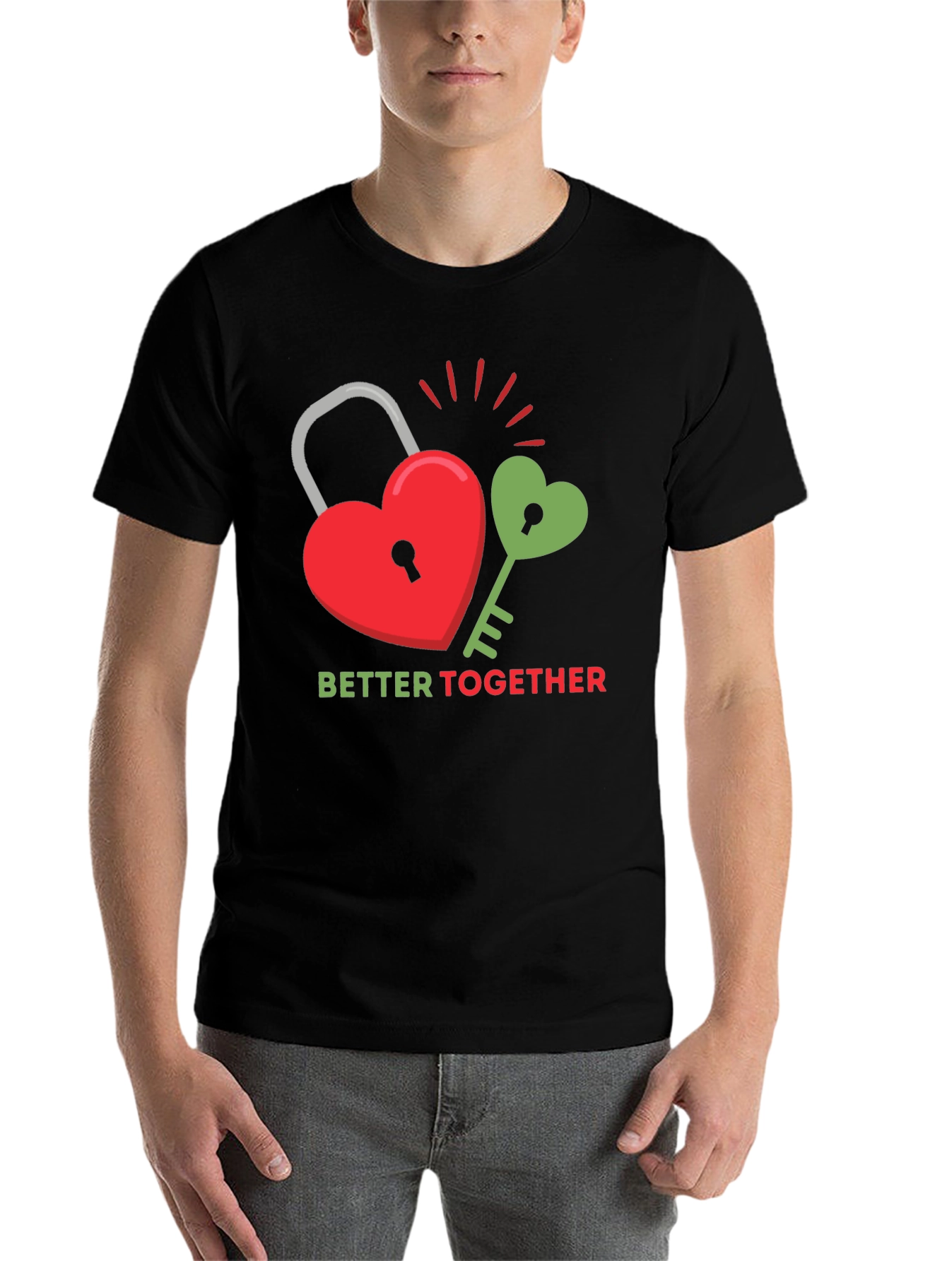 Black Better Together Graphic Tee - Heart Lock and Key Design view 7
