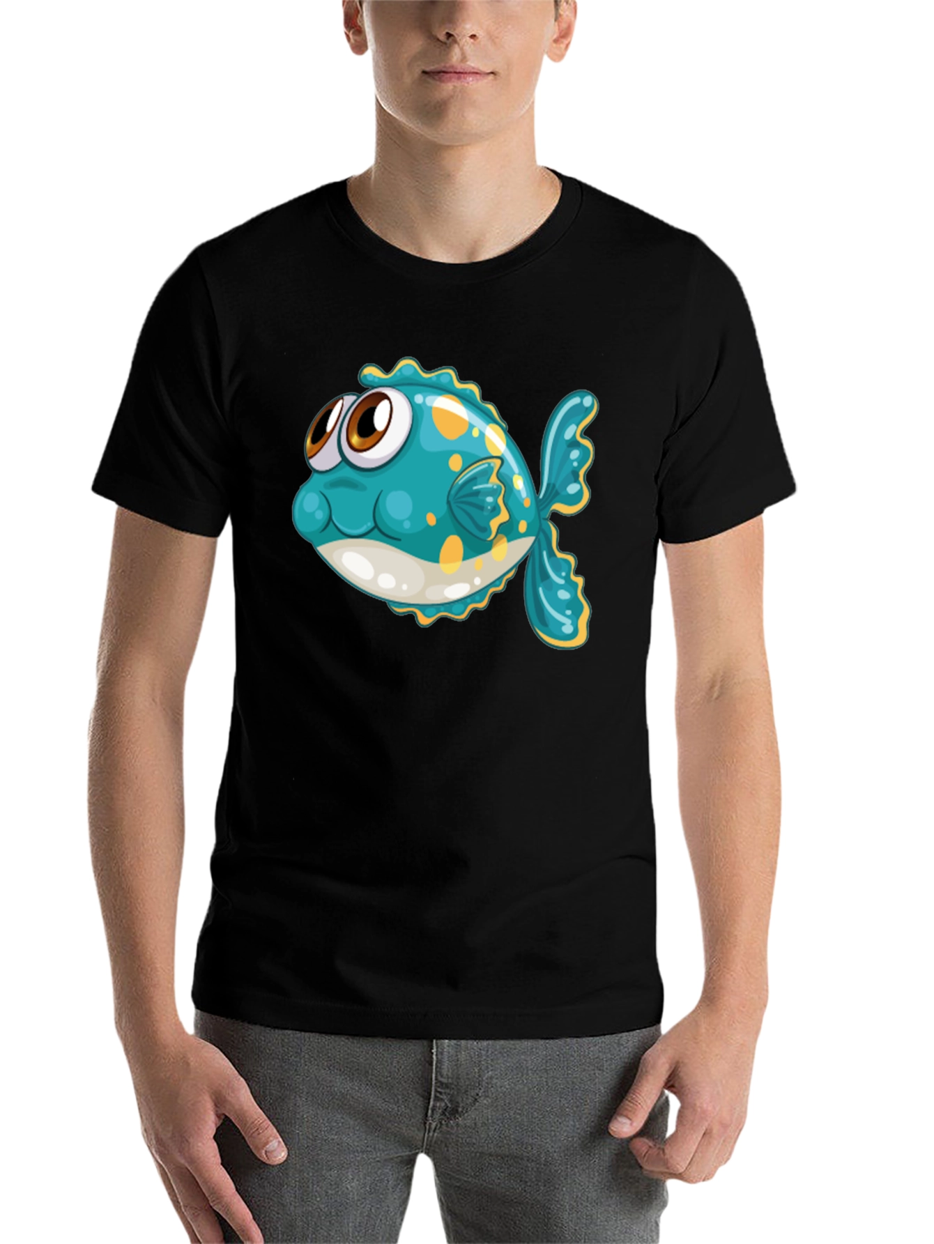 Black Cartoon Fish Graphic Tee - Black Cotton T-Shirt view 7