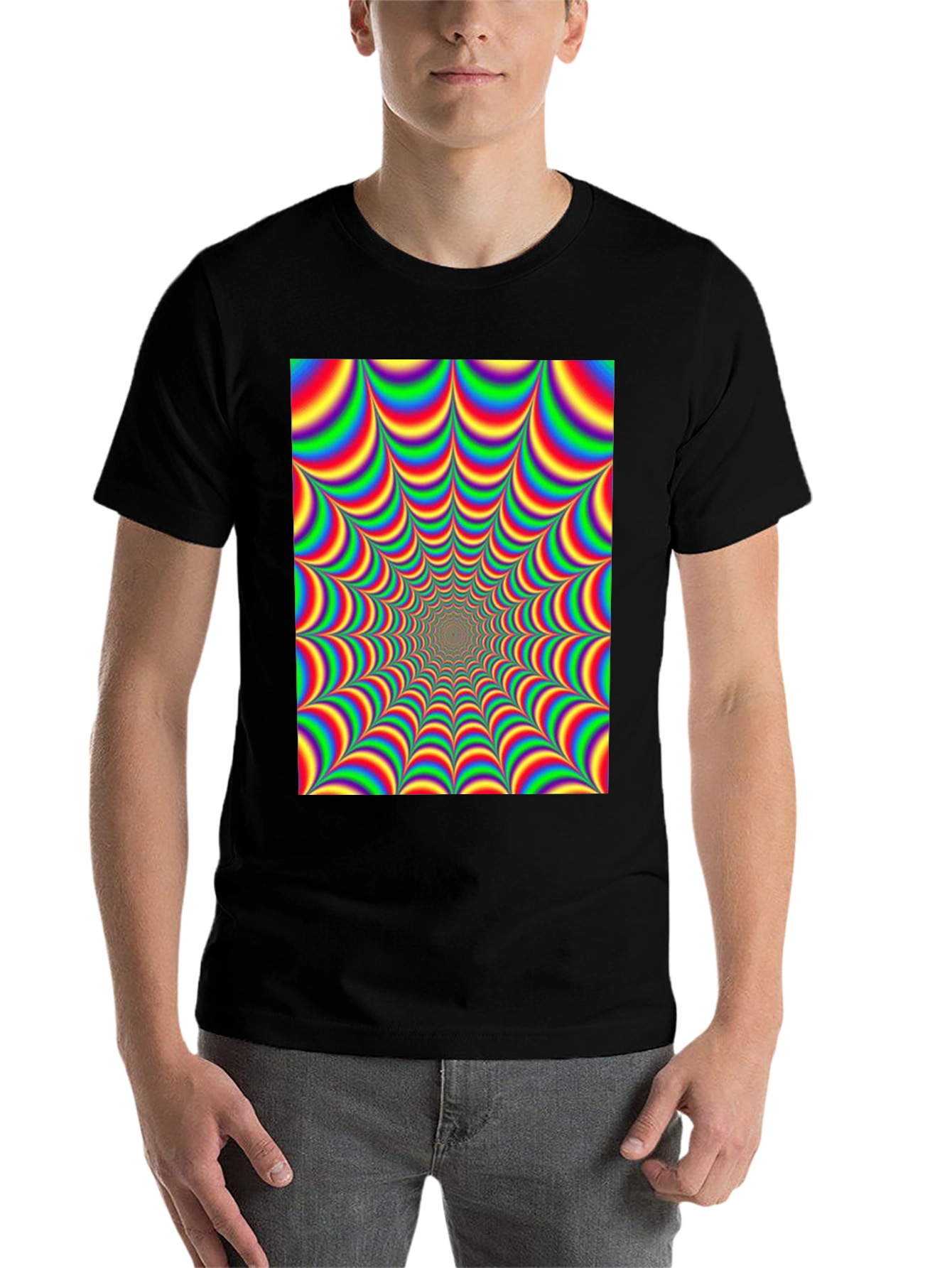 Black Optical Illusion T-Shirt - Hypnotic Rainbow Design view 7