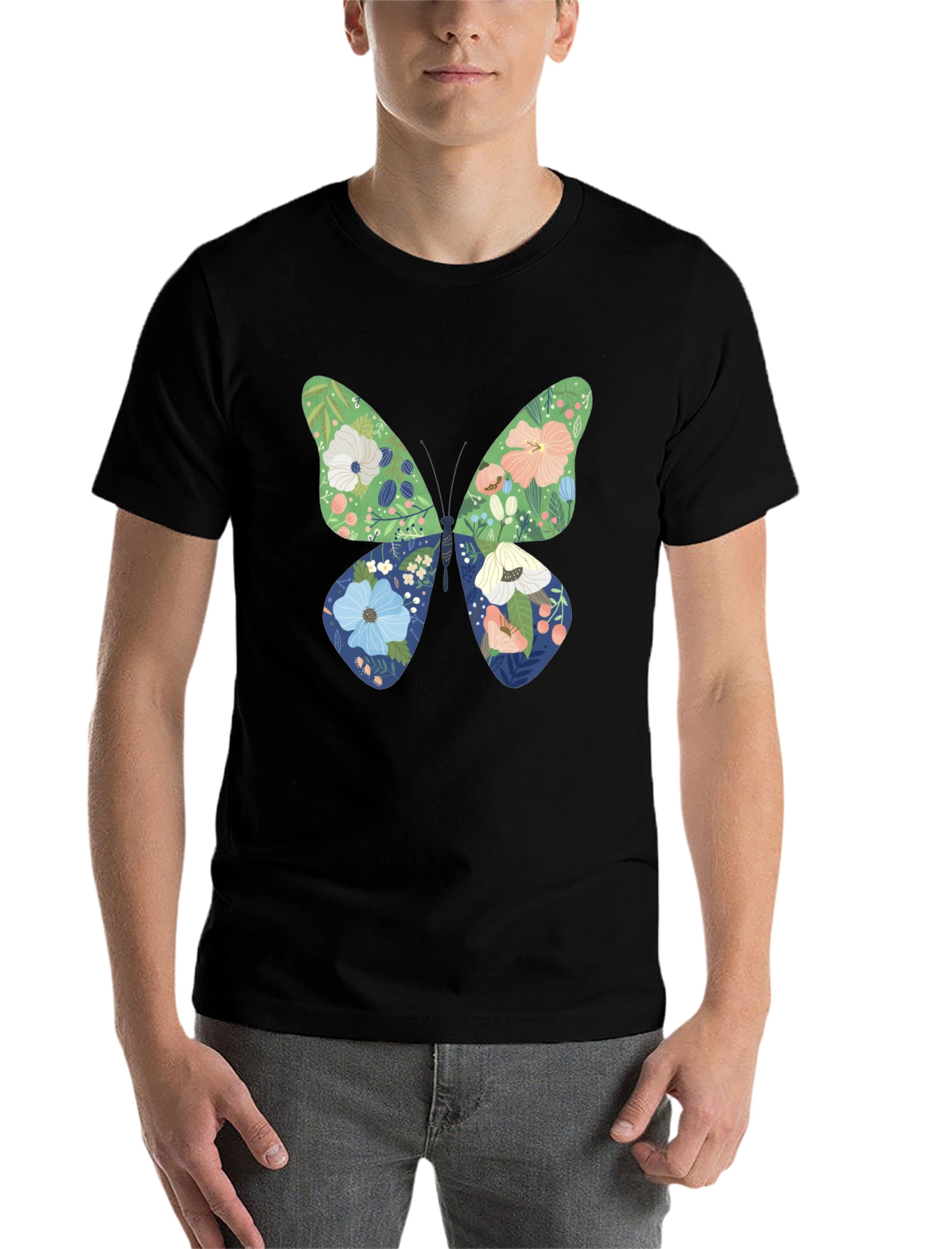 Black Floral Butterfly Graphic Black T-Shirt view 7