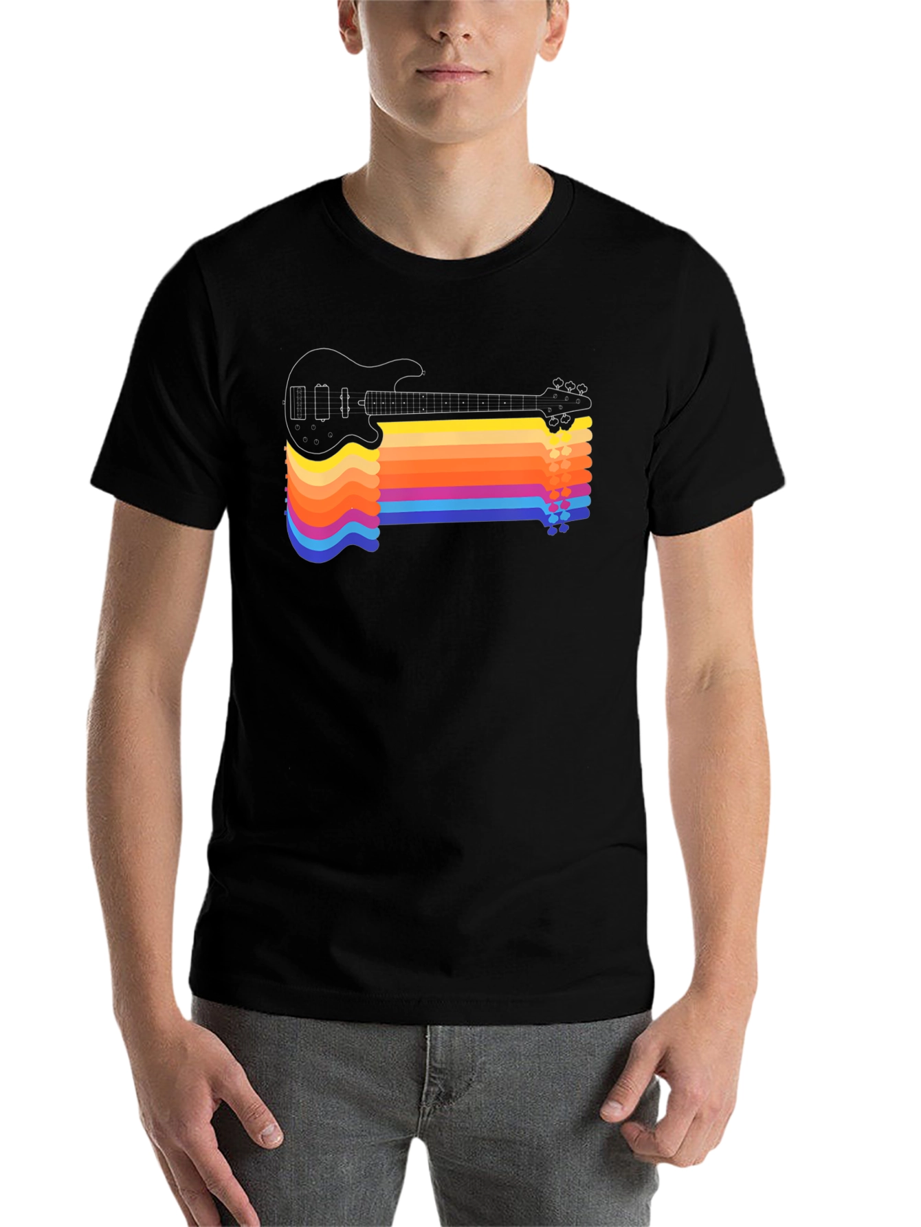 Black Retro Guitar Rainbow Stripe T-Shirt view 7