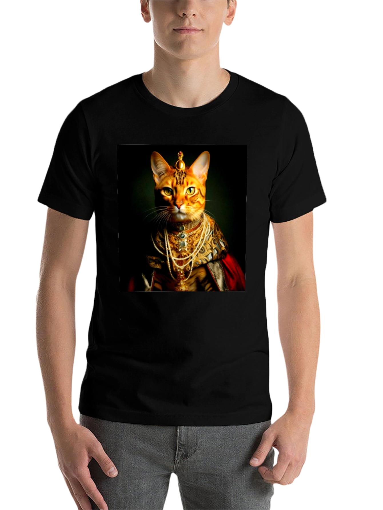 Black Regal Cat T-Shirt: Royal Feline Portrait Tee view 7