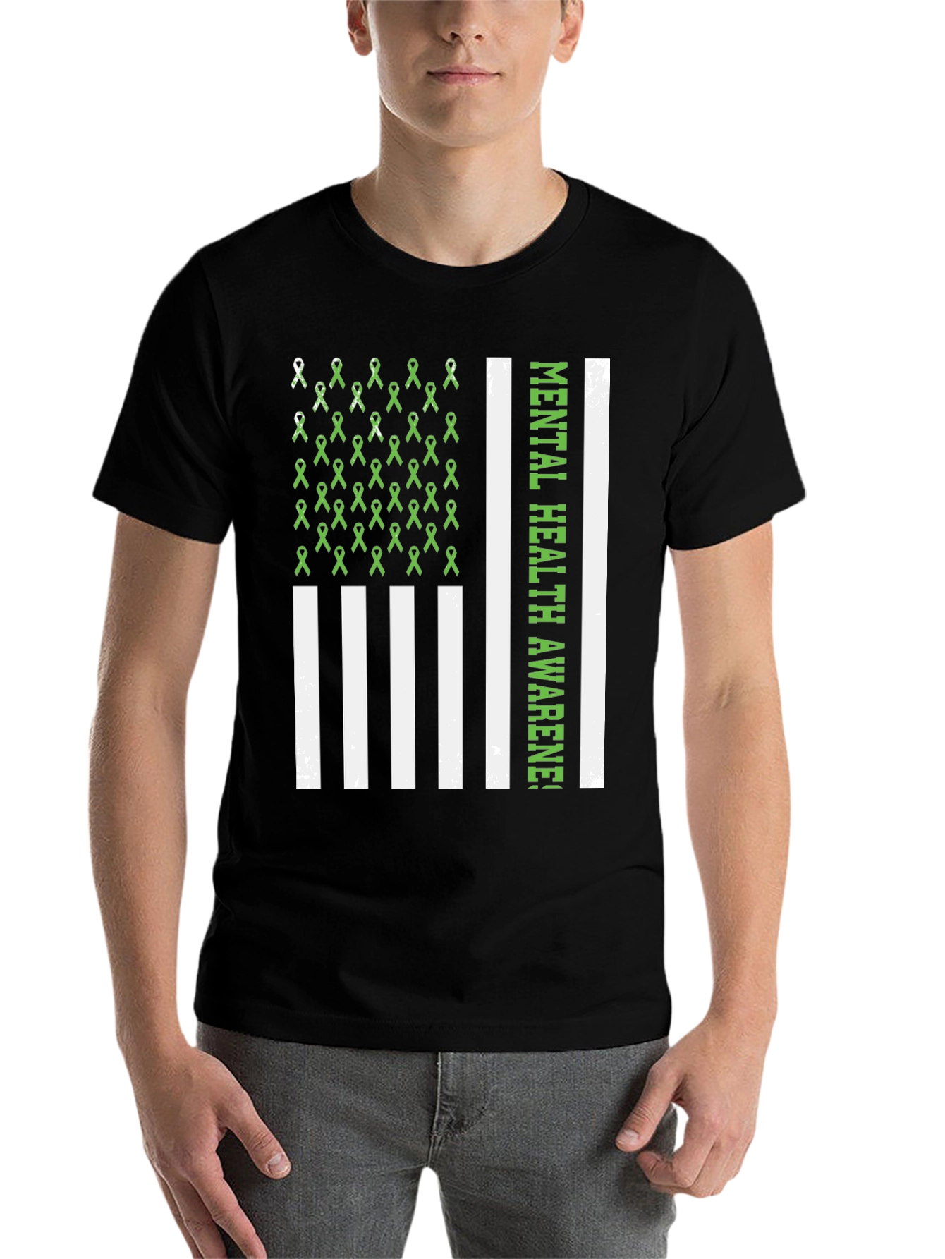 Black Mental Health Awareness Ribbon Flag T-Shirt view 7