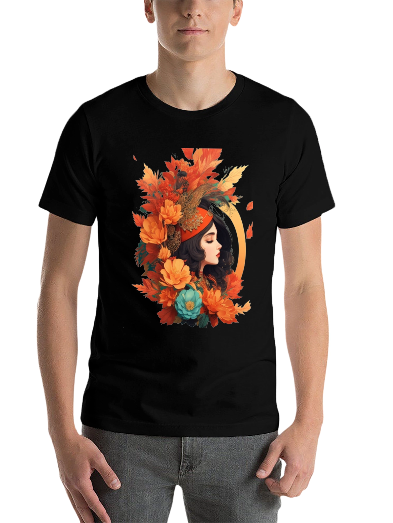Black Floral Portrait Graphic Tee - Autumn Beauty view 7