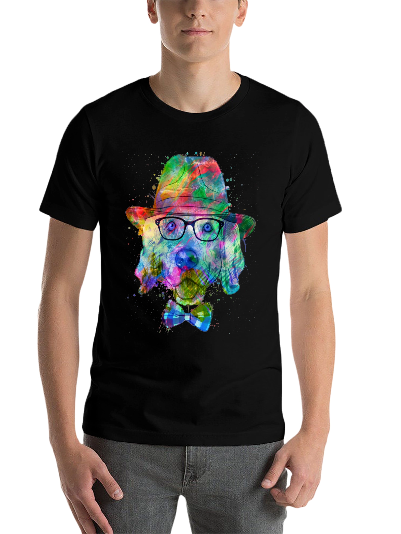 Black Dog Art T-Shirt - Watercolor Dog with Hat & Bowtie view 7