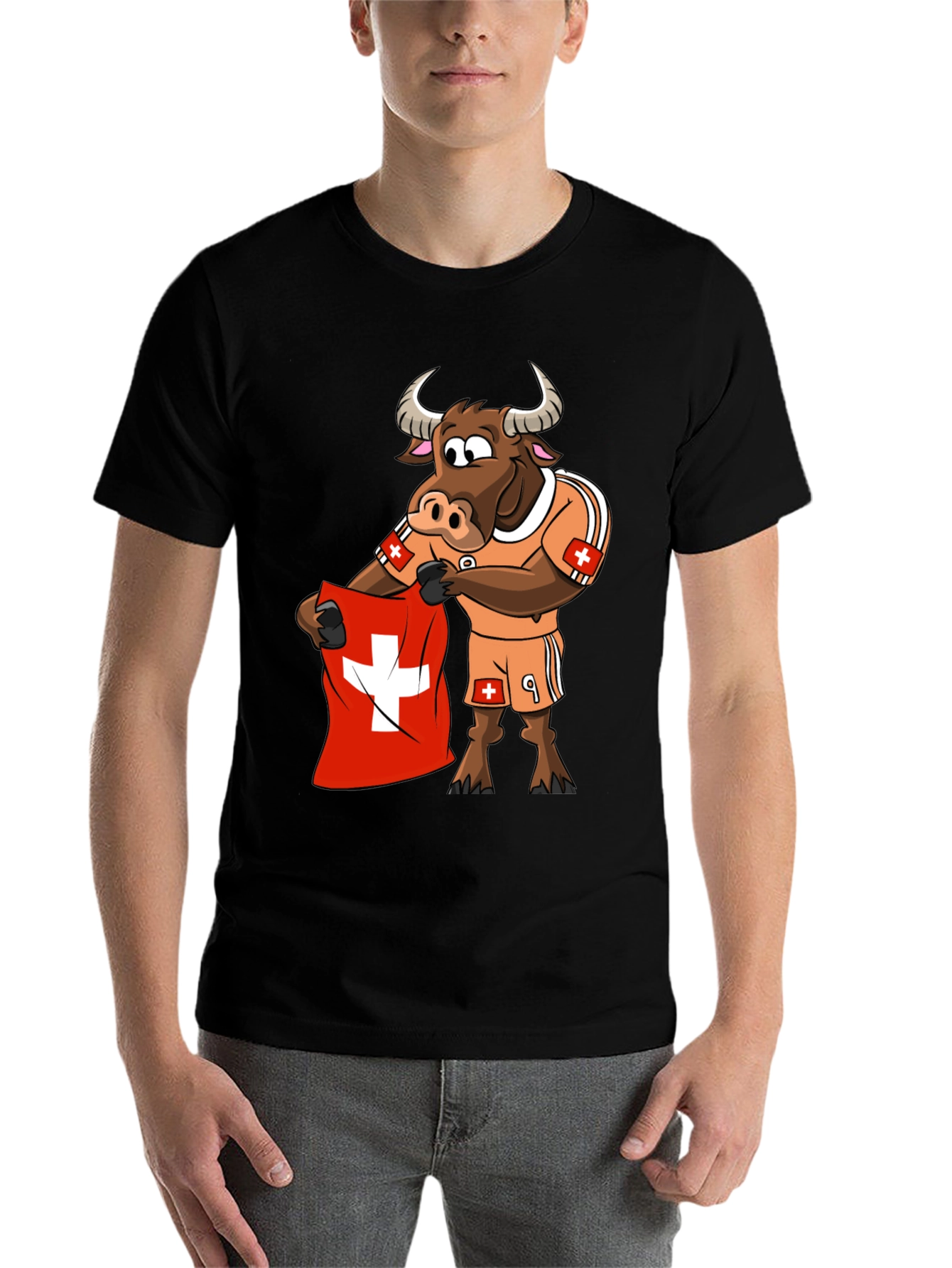 Black Swiss Bull Soccer Fan T-Shirt - Black Cotton Tee view 7