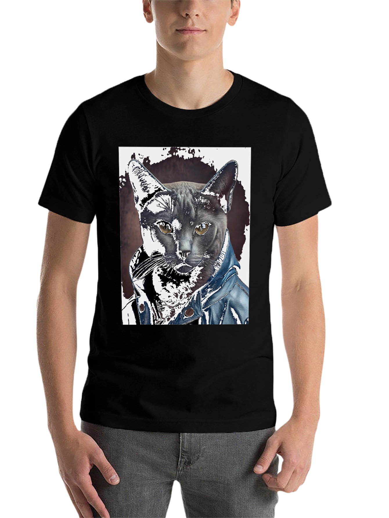 Black Cat in Denim Jacket Graphic Tee - Unique Print view 7