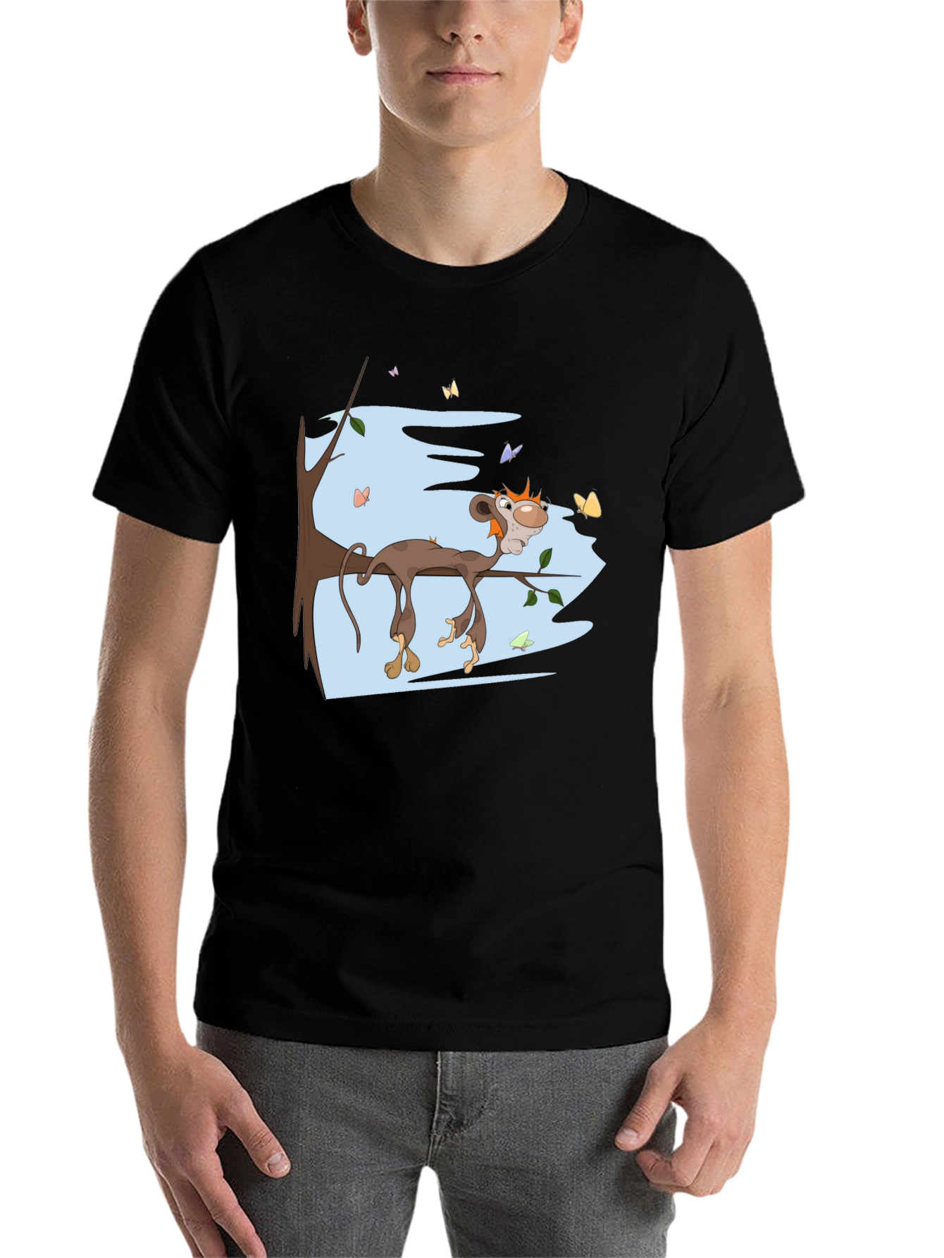 Black Cartoon Monkey Relaxing on Branch Black Tee view 7
