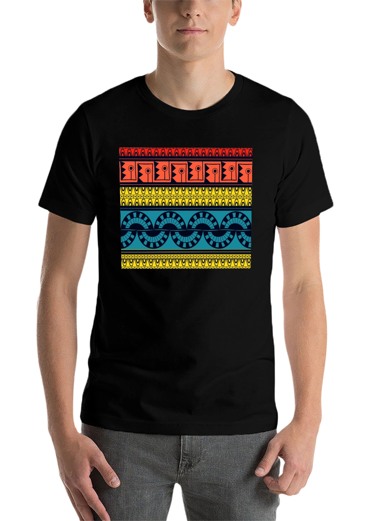Black Geometric Aztec Pattern Black T-Shirt view 7