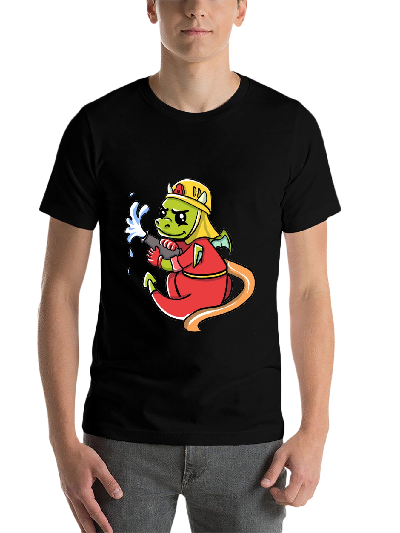 Black Cartoon Dragon Firefighter Graphic T-Shirt view 7