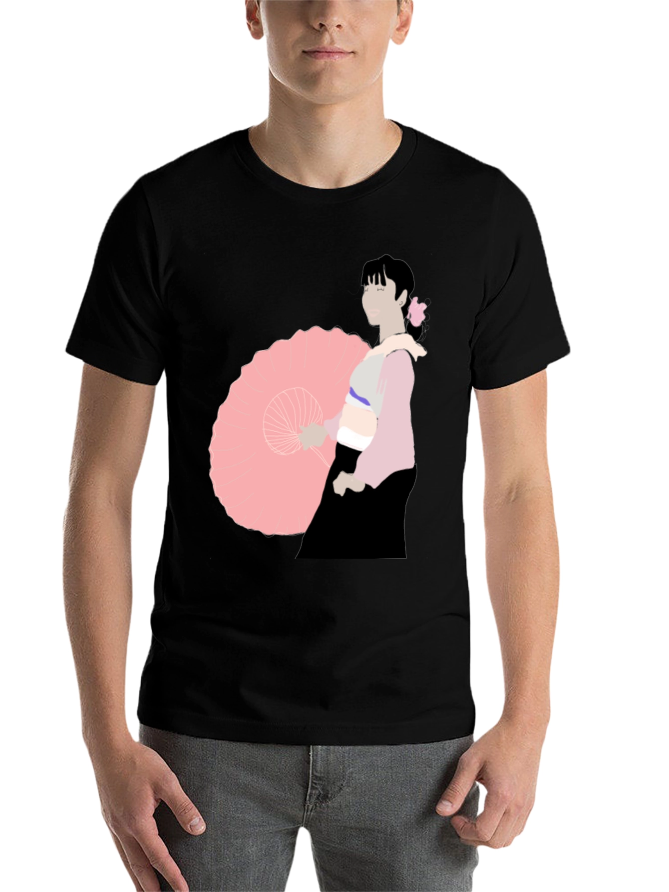 Black Black T-Shirt with Japanese Woman Illustration view 7