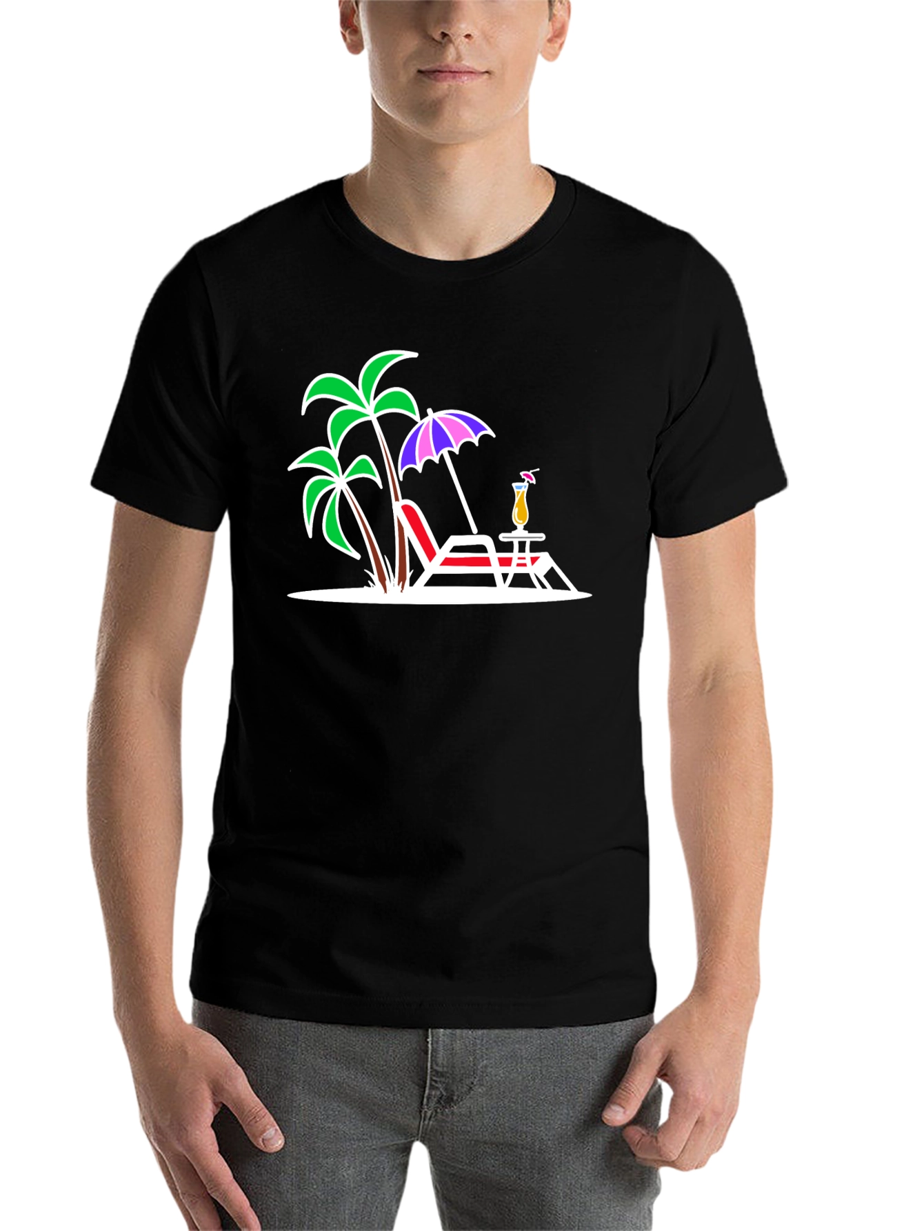 Black Tropical Beach T-Shirt: Palm Trees, Chair, & Cocktail Design view 7