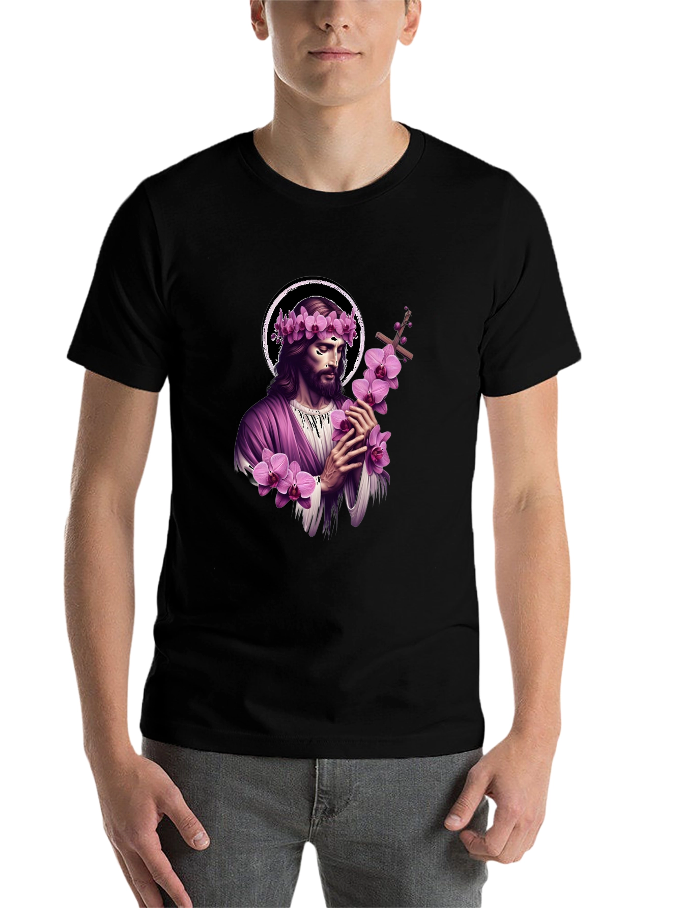 Black Jesus with Flowers Graphic T-Shirt - Soft Black Cotton Blend view 7