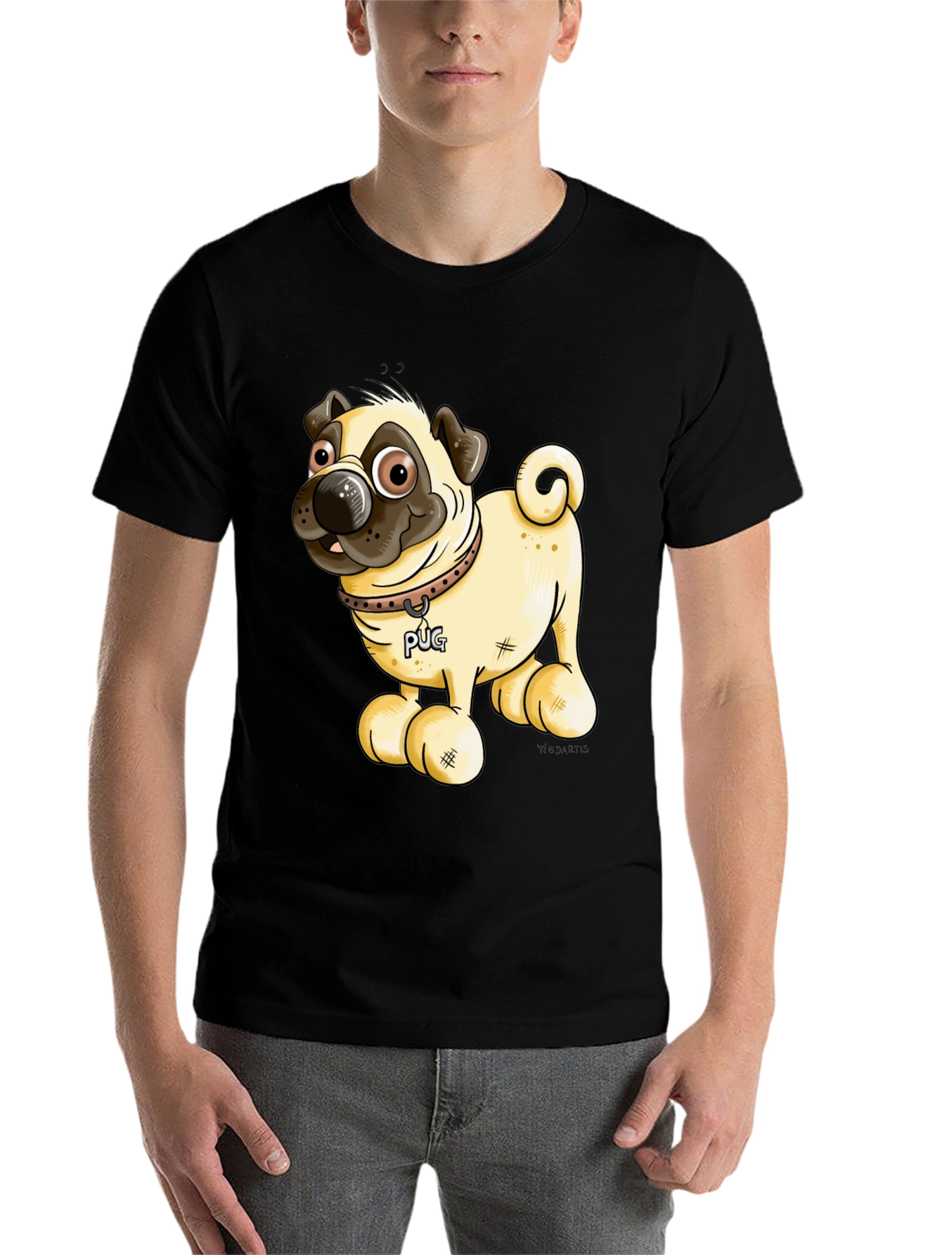 Black Pug Cartoon Black T-Shirt view 7
