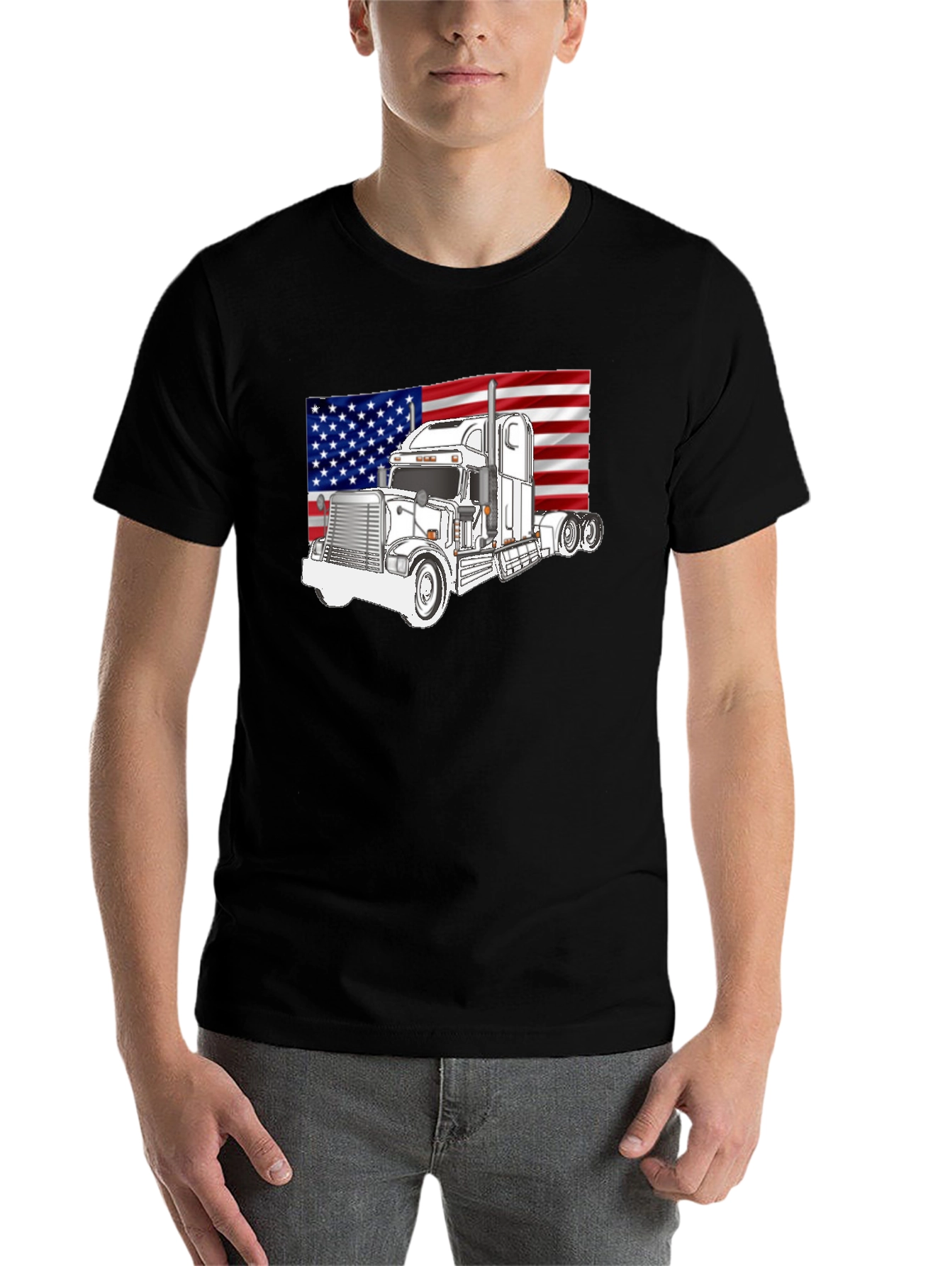 Black Trucker Pride Tee: American Flag Semi Truck Graphic T-Shirt view 7