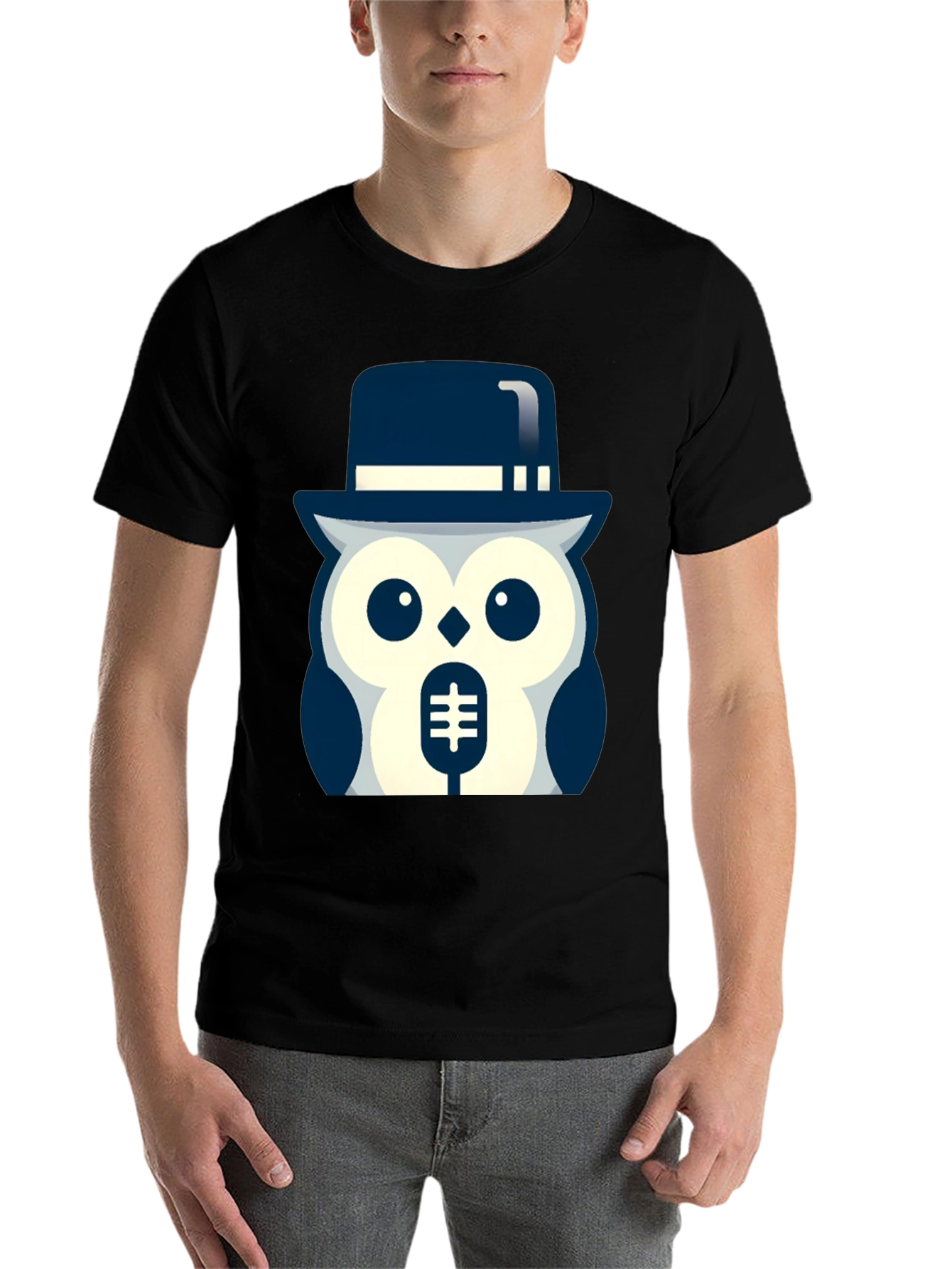 Black Owl in Hat Graphic T-Shirt - Black view 7
