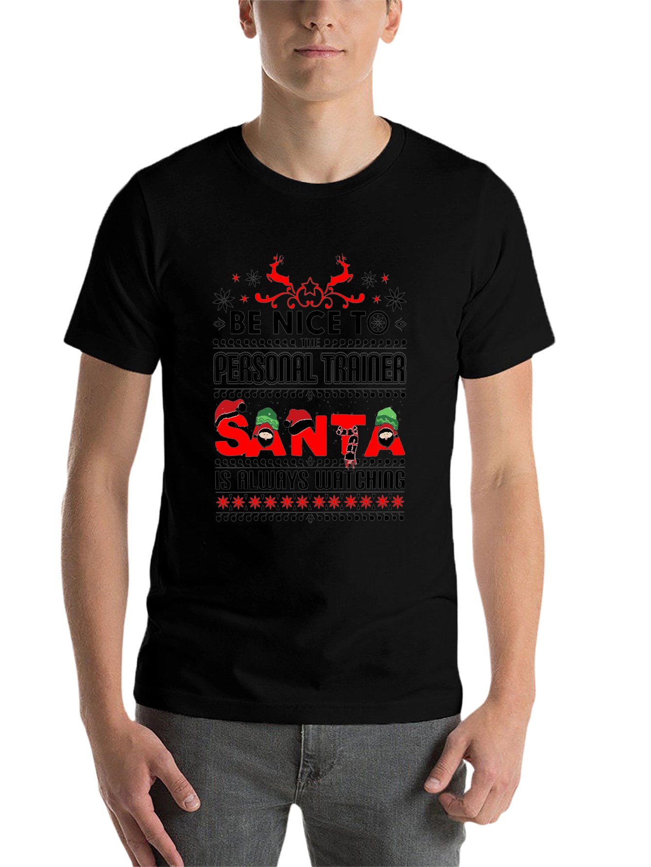 Black Personal Trainer Santa Watching Ugly Christmas T-Shirt view 7