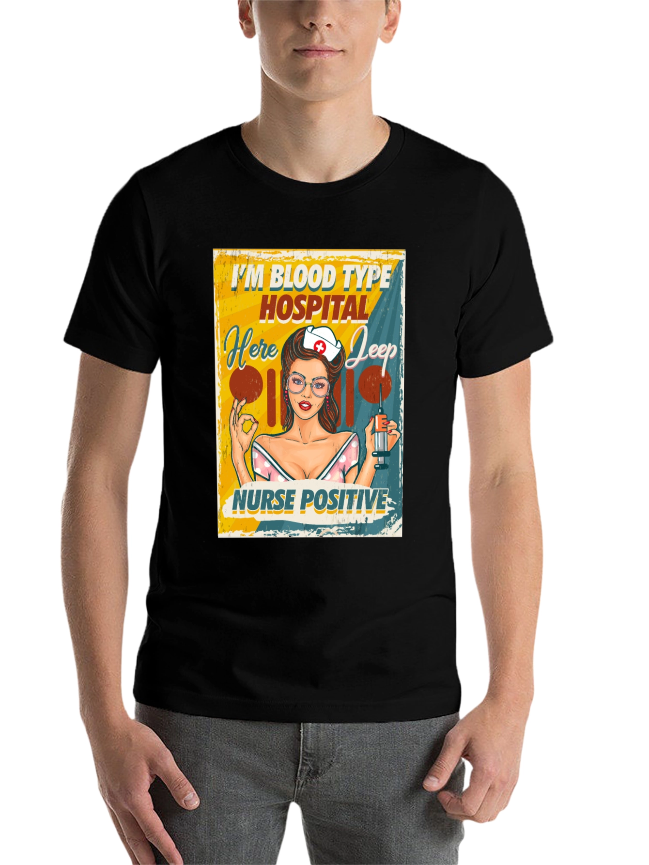 Black Nurse Positive T-Shirt - Blood Type Hospital Jeep view 7