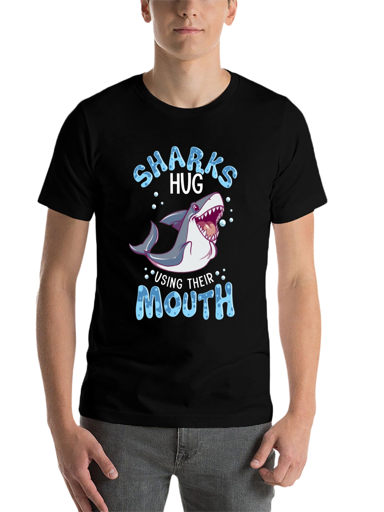 Black Sharks Hug Using Their Mouth T-Shirt - Funny Animal Tee view 7