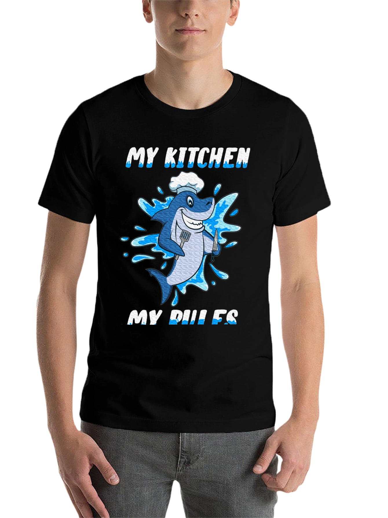 Black My Kitchen My Rules Shark Chef T-Shirt view 7
