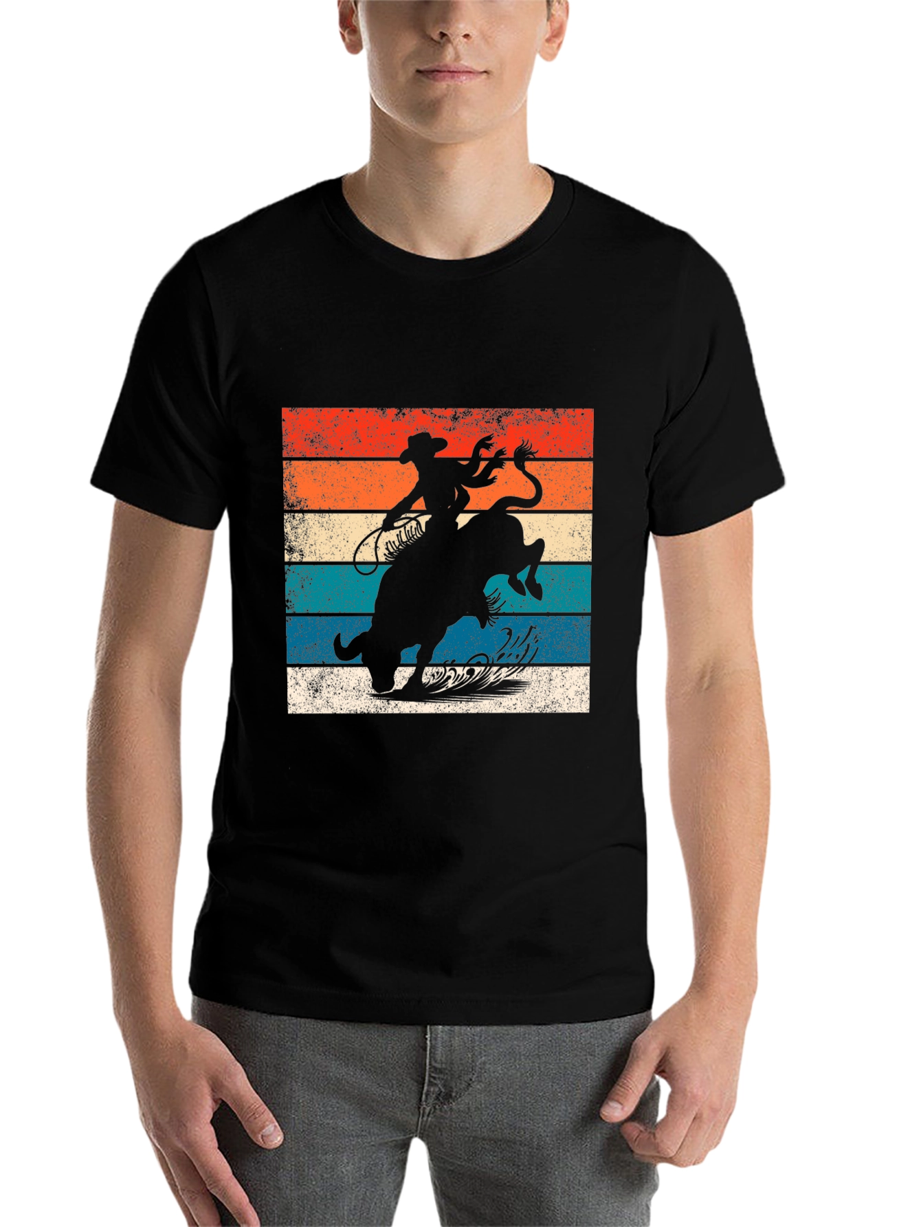 Black Retro Rodeo T-Shirt - Cowboy Riding Bull Design view 7