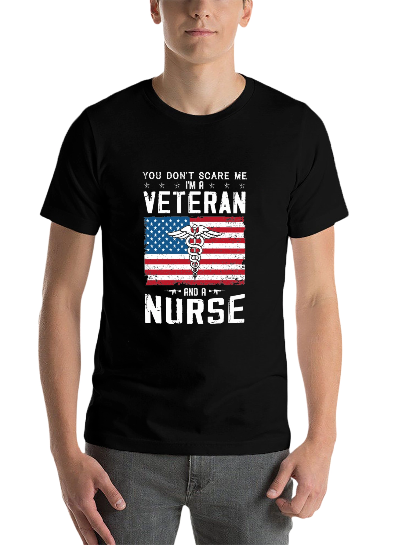Black Veteran Nurse T-Shirt - Patriotic American Flag Design view 7