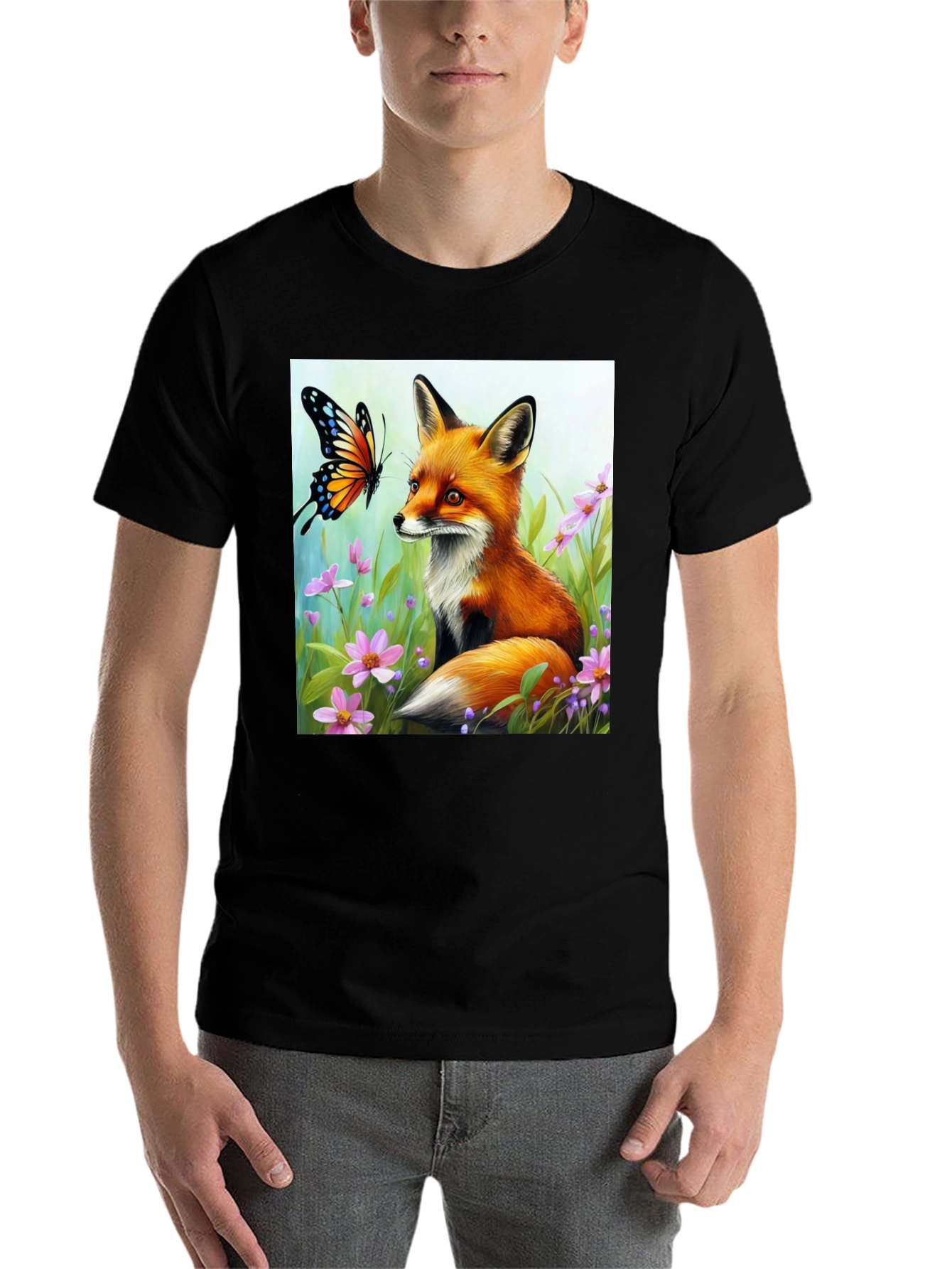 Black Fox & Butterfly Graphic Tee - Nature Lover's Shirt view 7