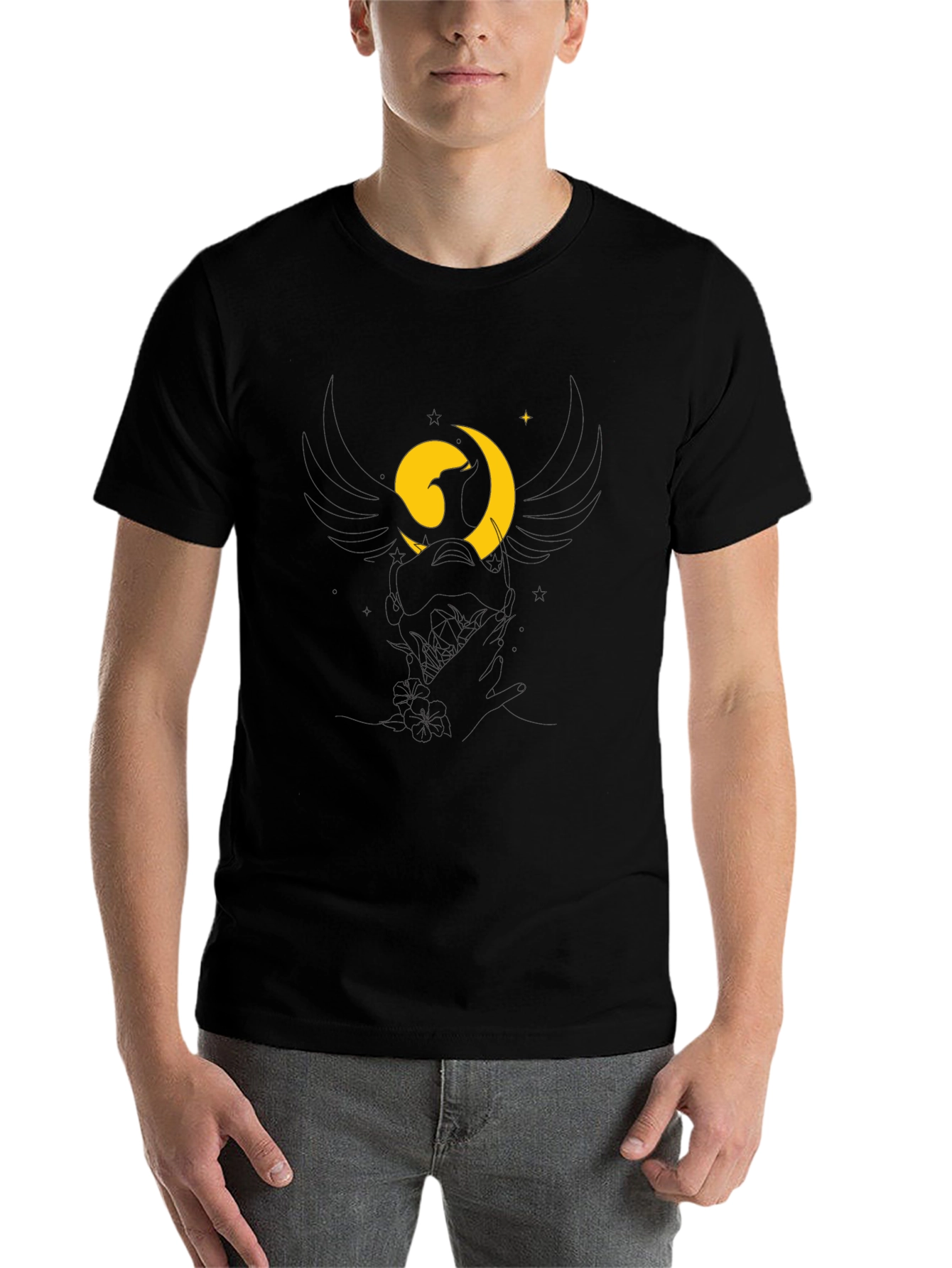 Black Black T-Shirt with Stylized Moon and Bird Graphic view 7