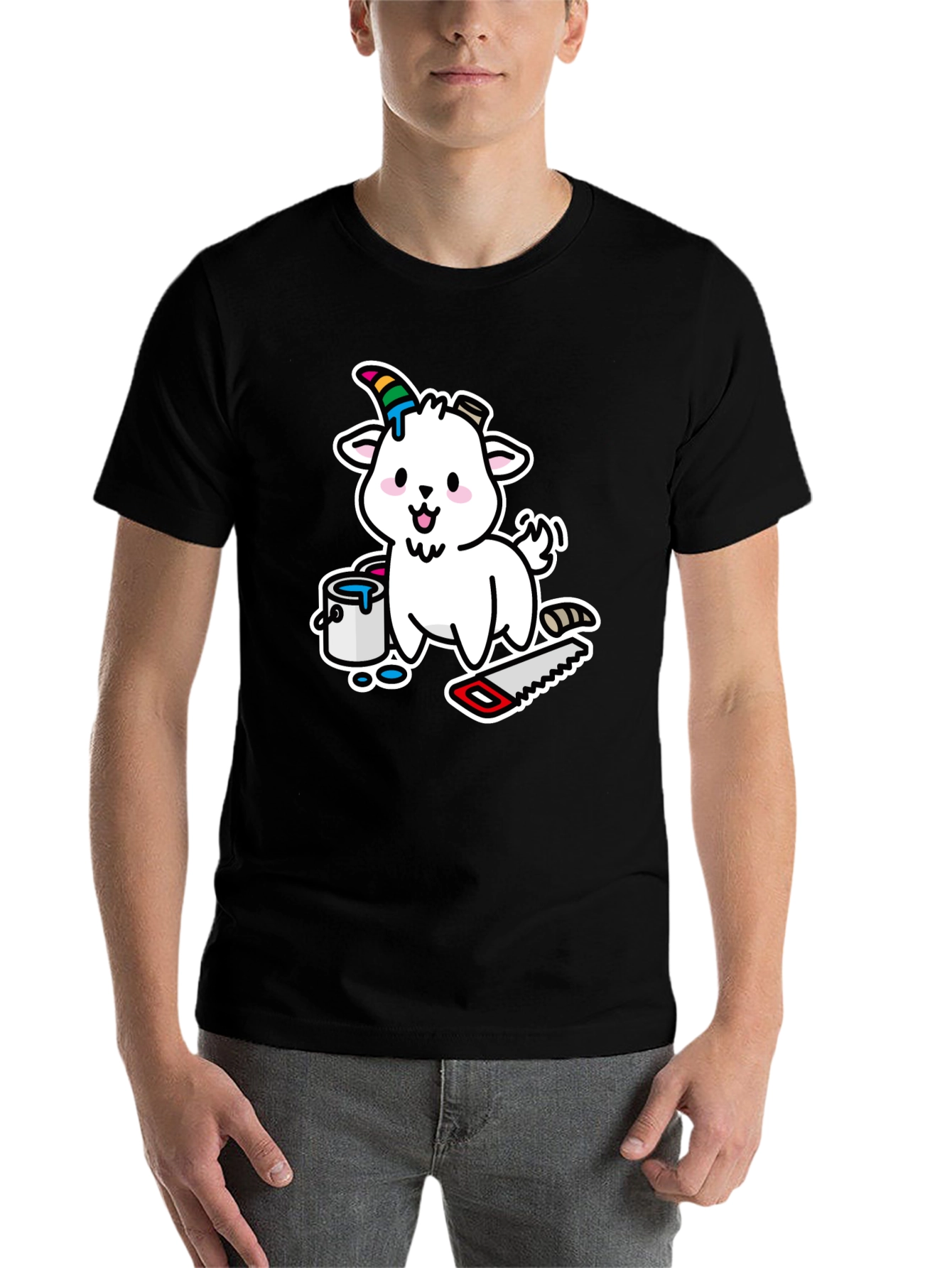 Black Goat DIY T-Shirt: Cartoon Goat with Paint and Saw view 7
