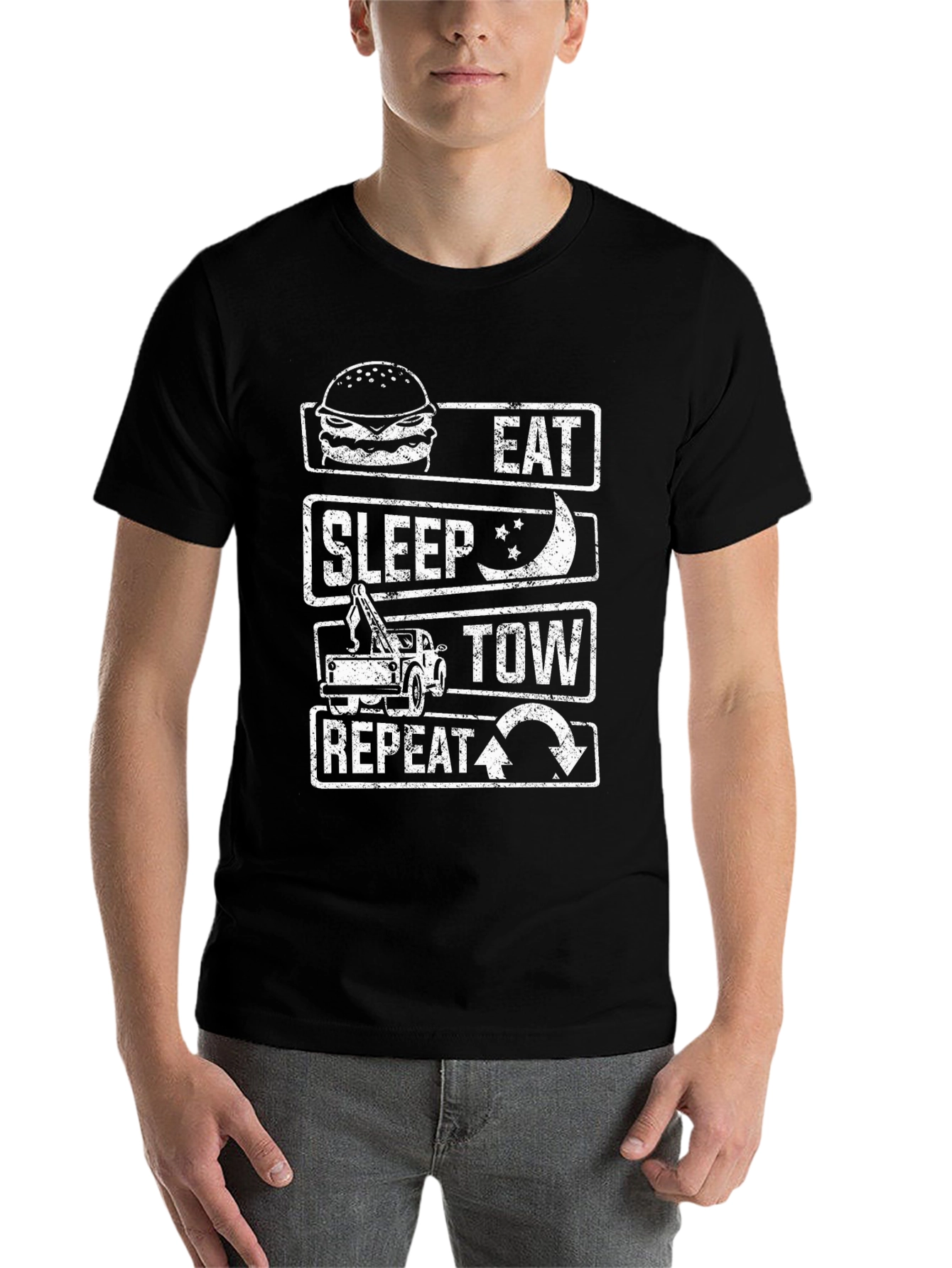 Black Eat Sleep Tow Repeat Funny Tow Truck Driver T-Shirt view 7