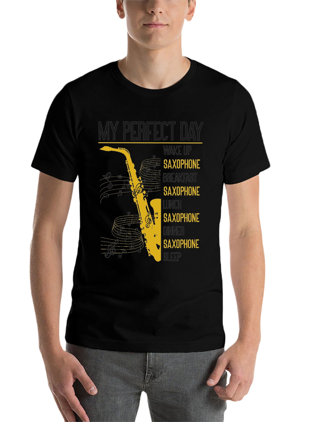 Black Saxophone Lover Graphic T-Shirt - Perfect Day Design view 7