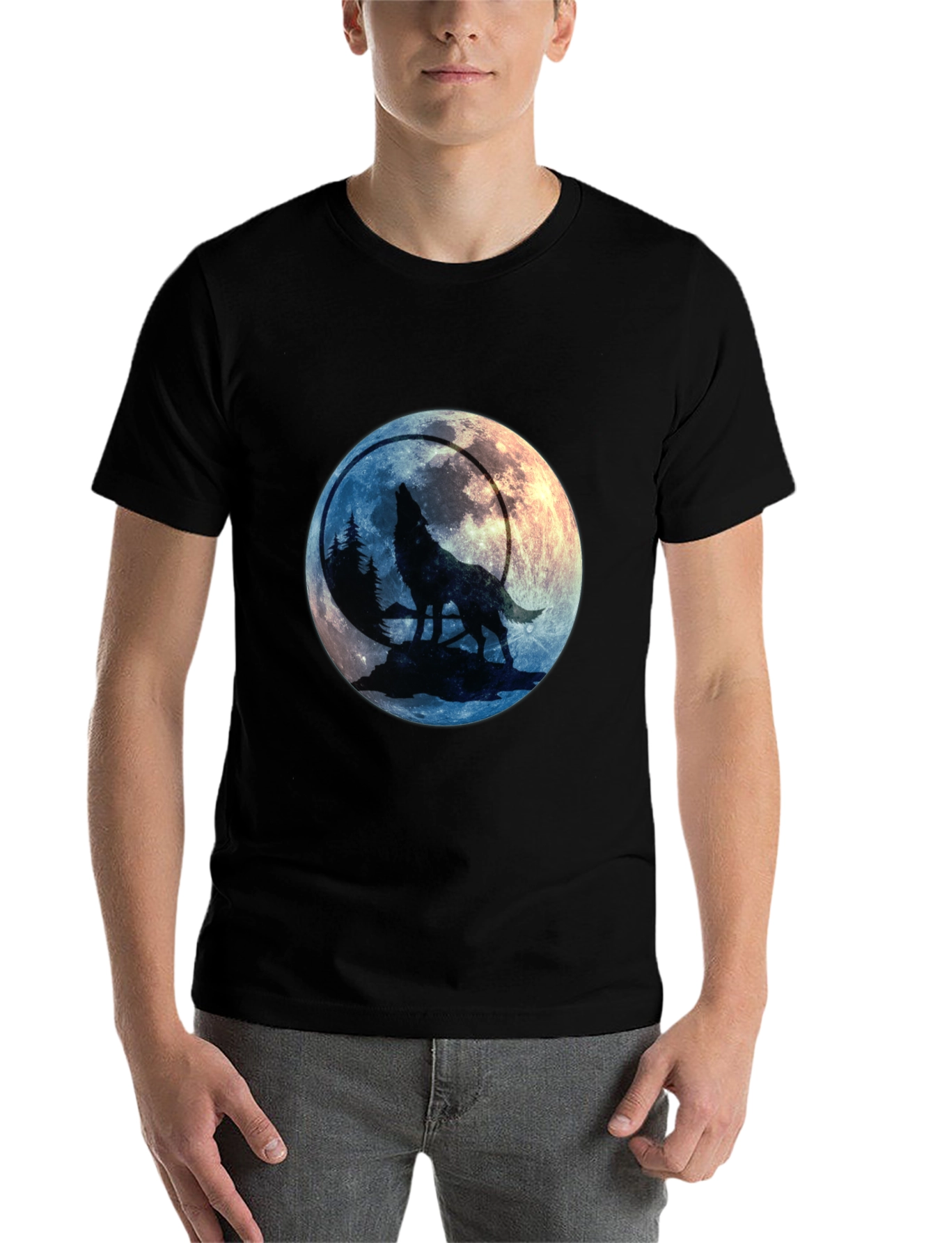 Black Wolf Howling at Moon Graphic Tee view 7