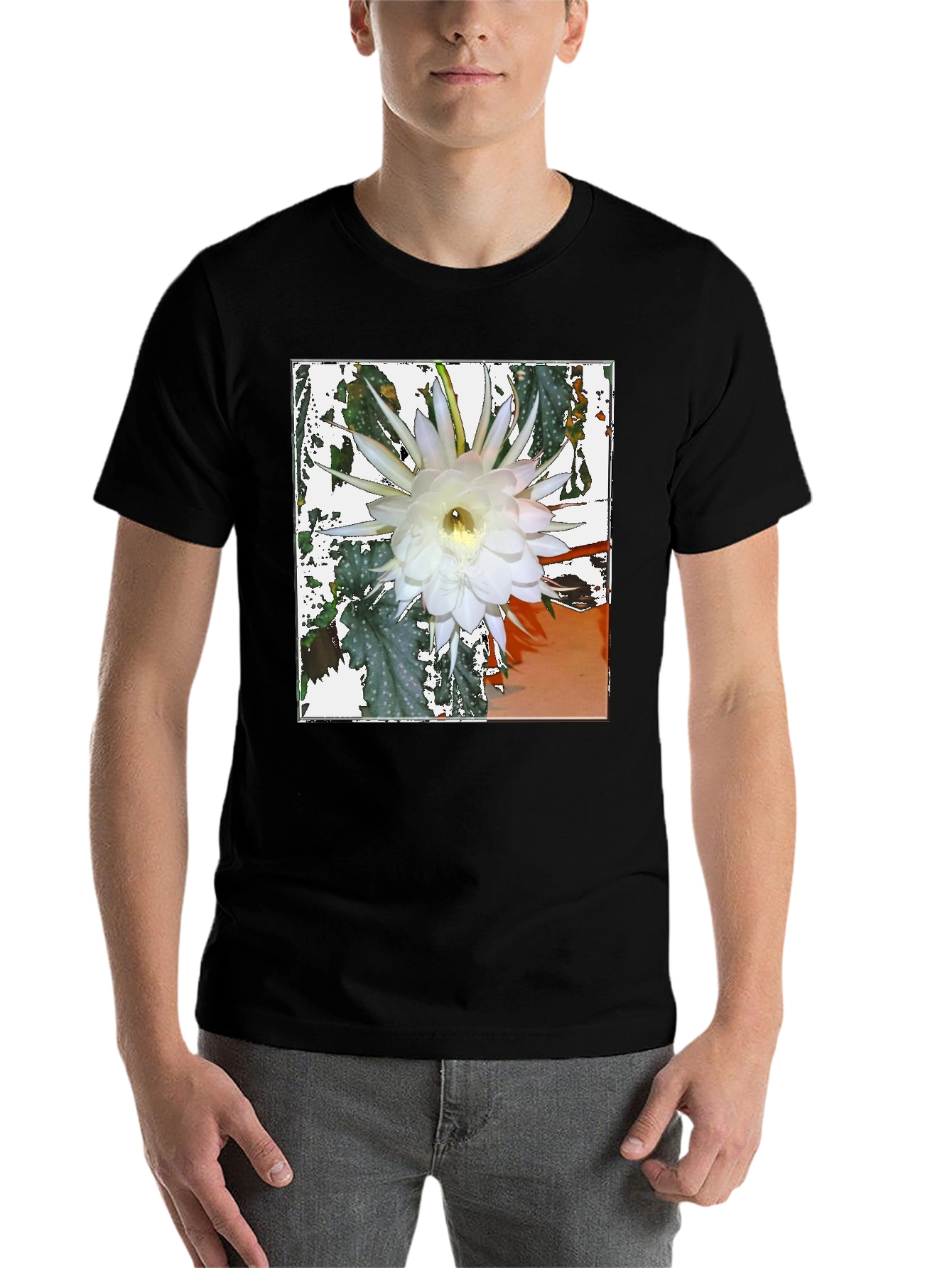 Black Floral Print Tee - Night Blooming Cereus Design view 7