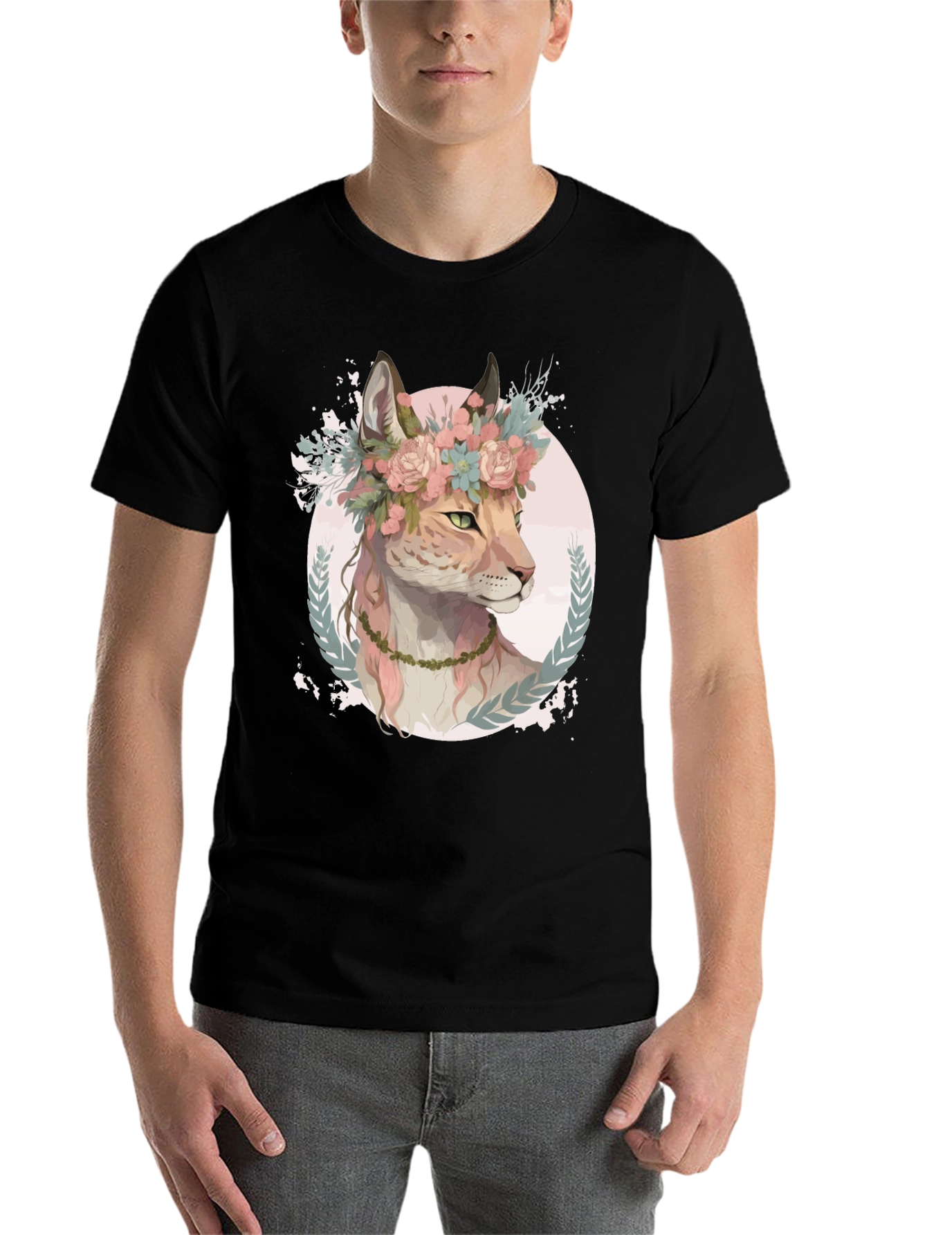 Black Floral Lynx Graphic Tee - Stylish & Unique view 7