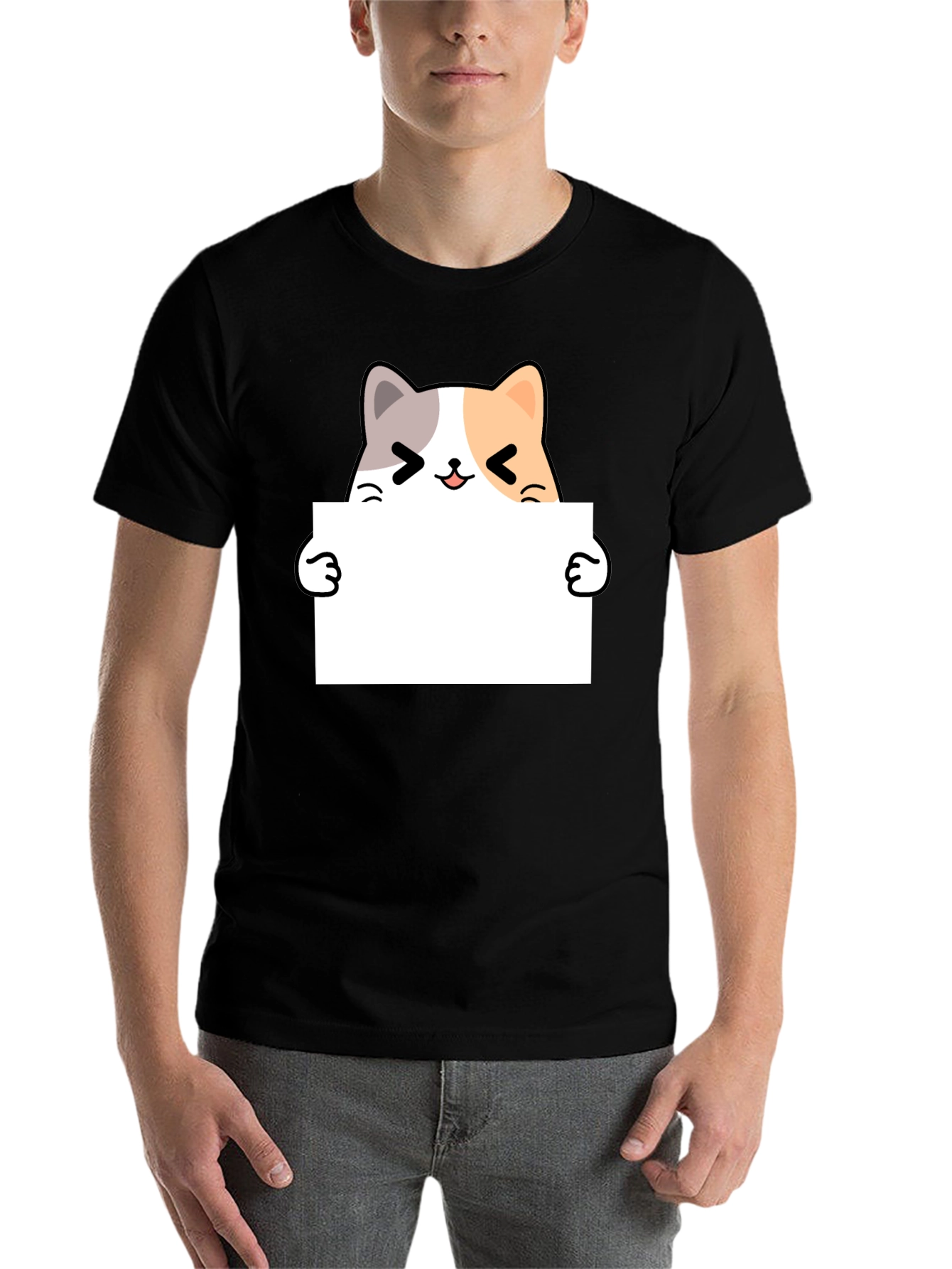 Black Cute Cat Holding Blank Sign T-Shirt view 7