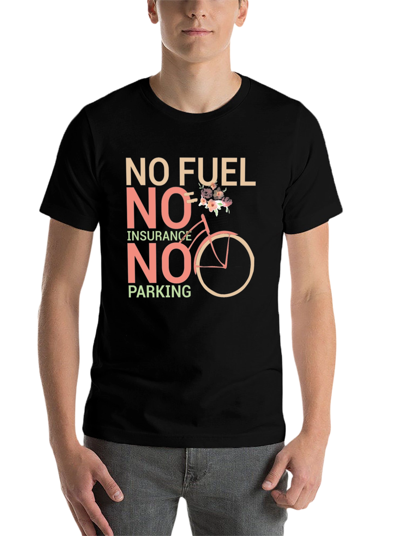 Black Eco-Friendly Black T-Shirt: No Fuel, Insurance, Parking view 7