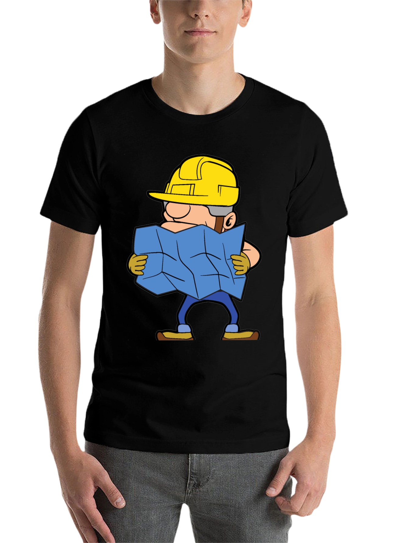 Black Construction Worker Map Cartoon Graphic Tee view 7