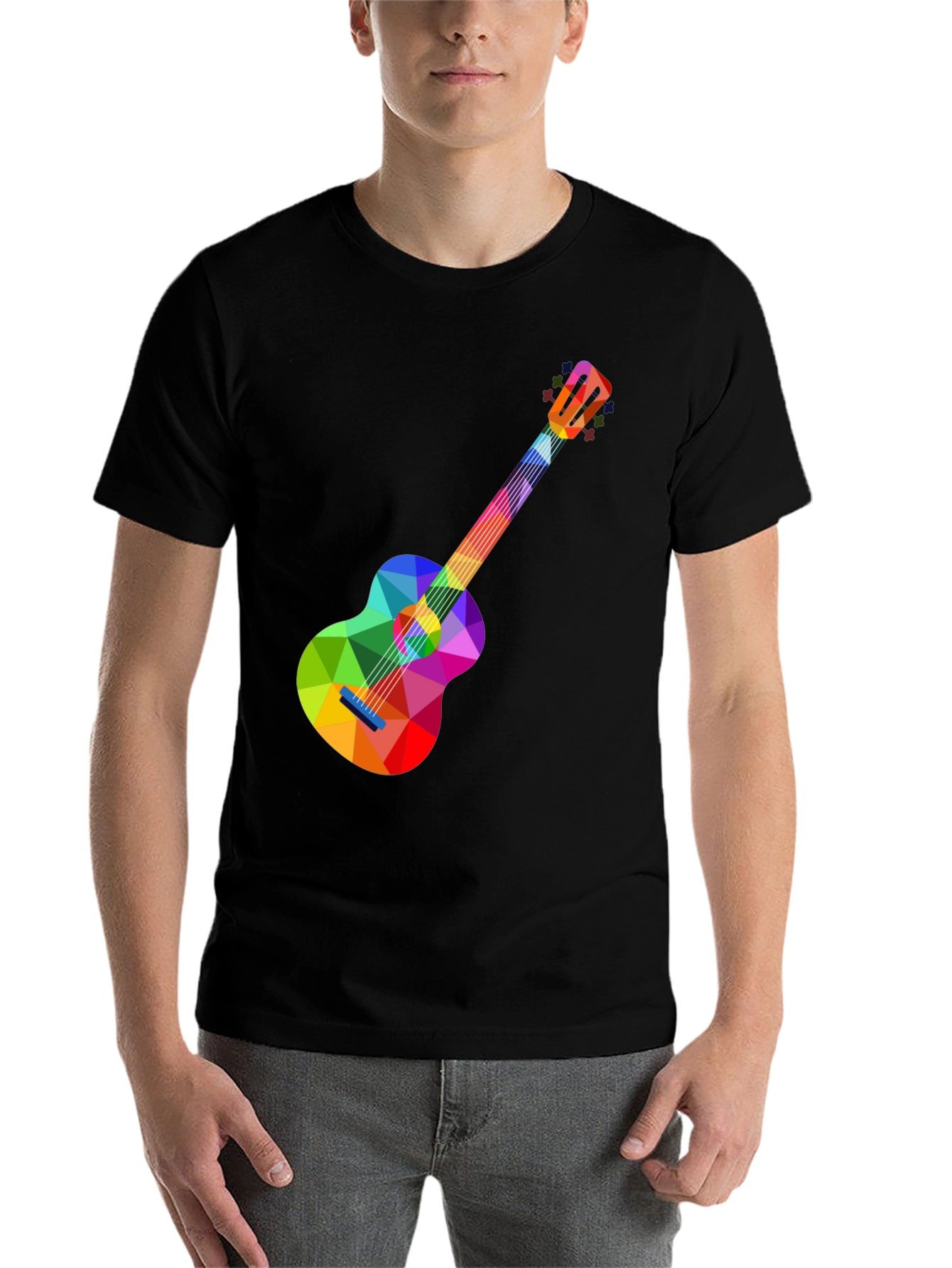 Black Colorful Geometric Guitar Graphic Tee - Stylish Music Lover T-Shirt view 7